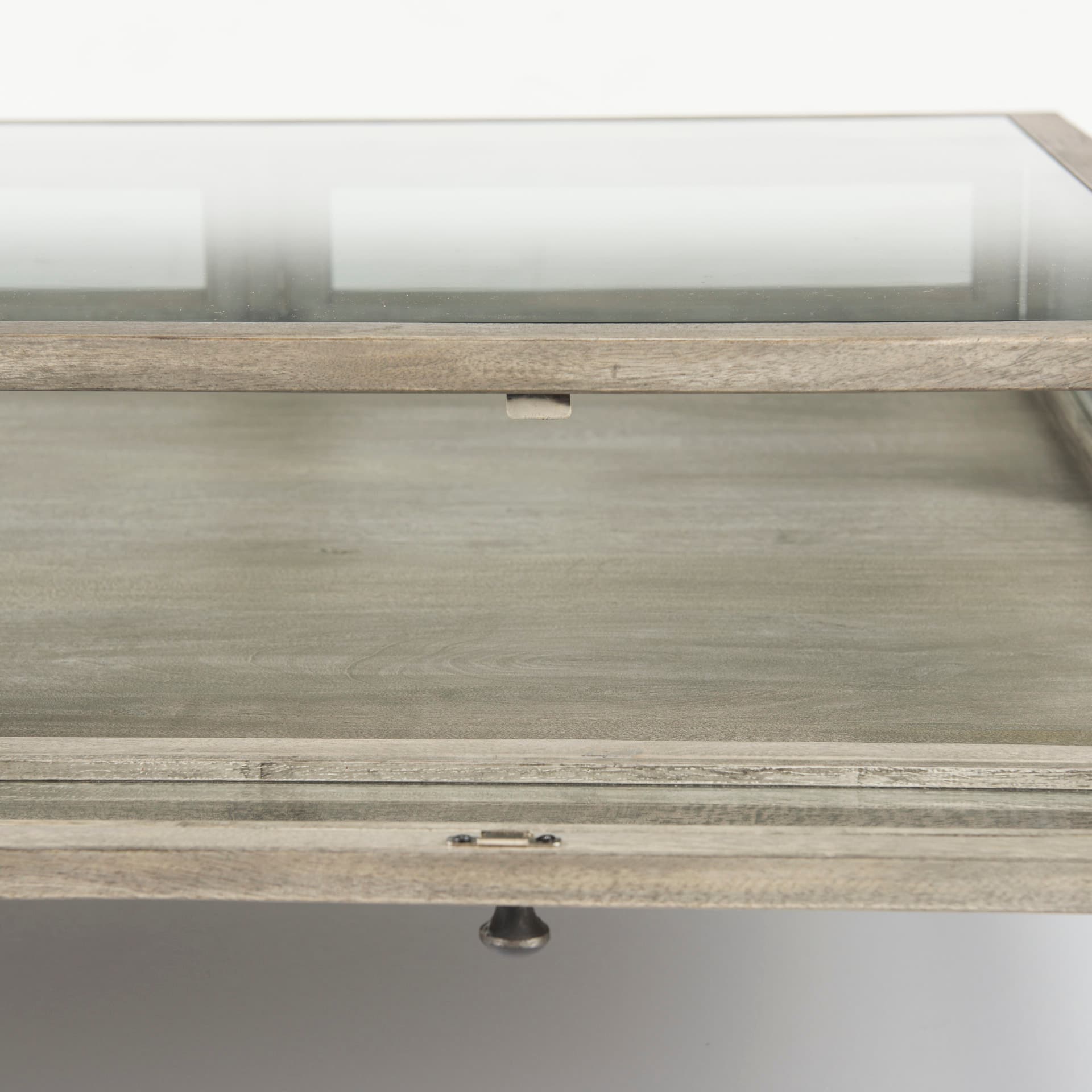 Arelius 42" Square Glass-Top Gray Wood w/ Black Metal Base Display Coffee Table — product photograph
