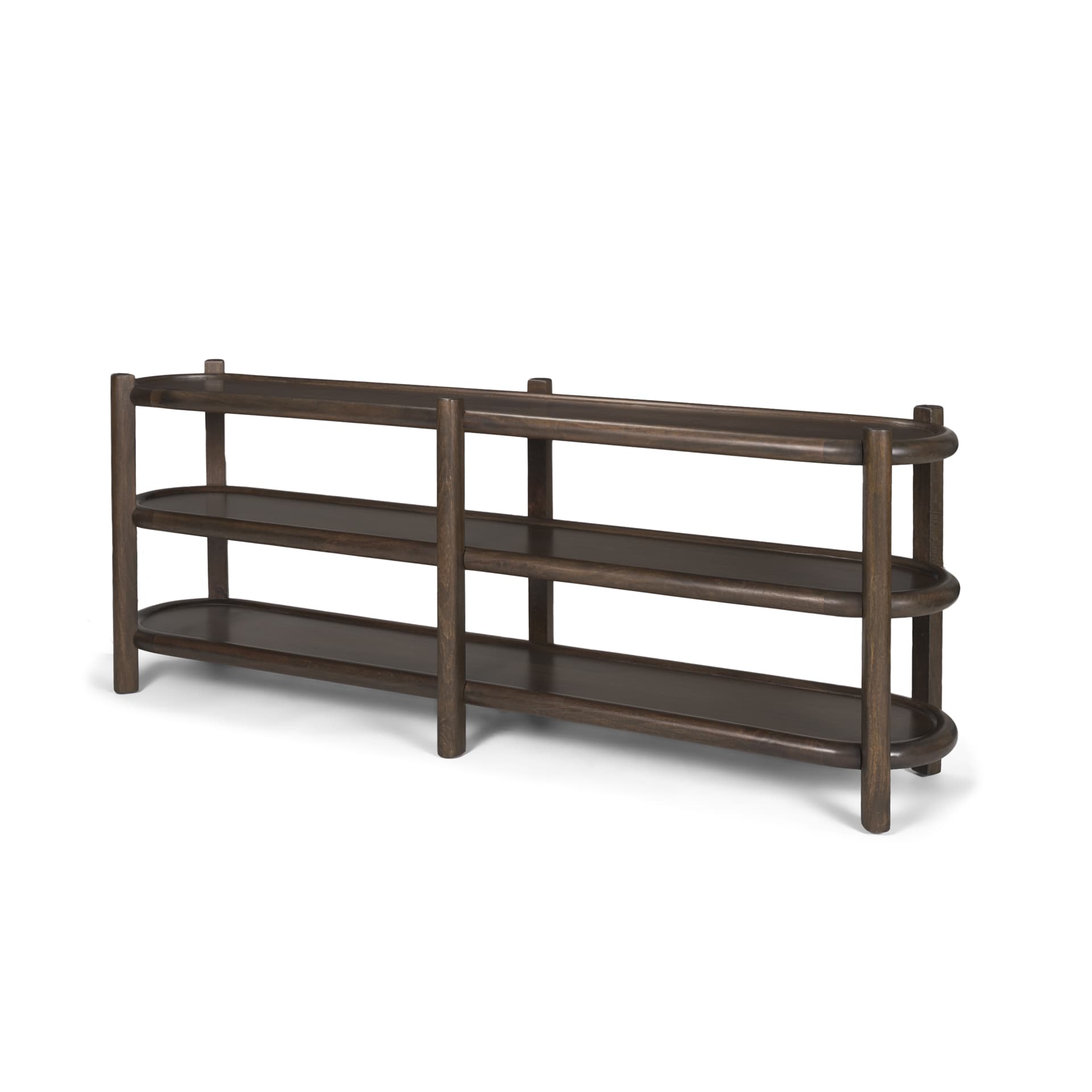 Romi Dark Brown Wood w/ 3 Shelves Oval Console Table — product photograph