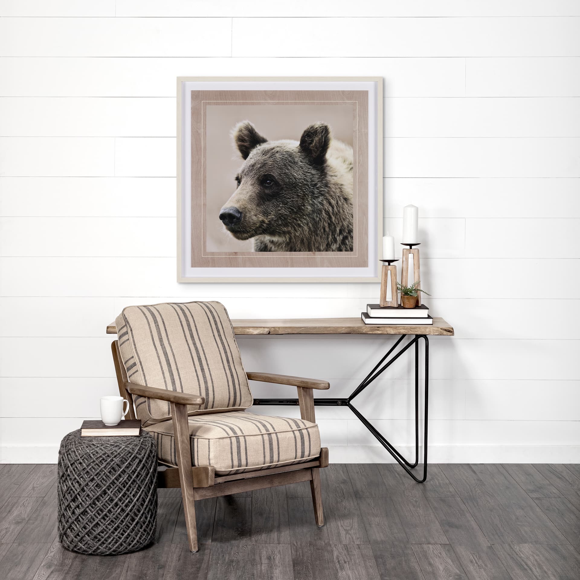 Bear Focus - Hush by Wink Gaines a Hand Embelished Textured Framed Art Photo Matted under Glass — in a styled room