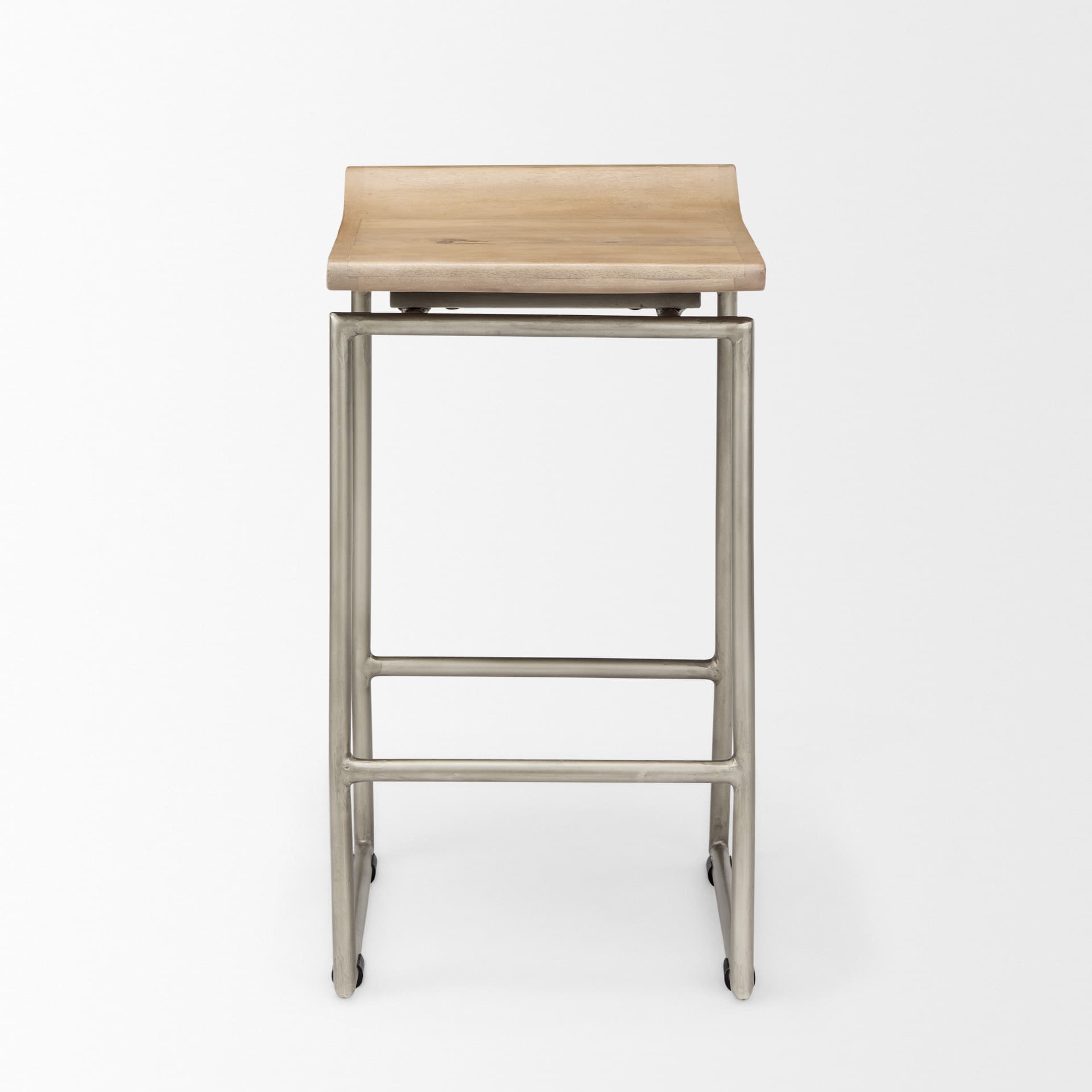 Givens Low Back 26in Seat Counter Stool | Brown Wood w/ Silver Metal — product photograph