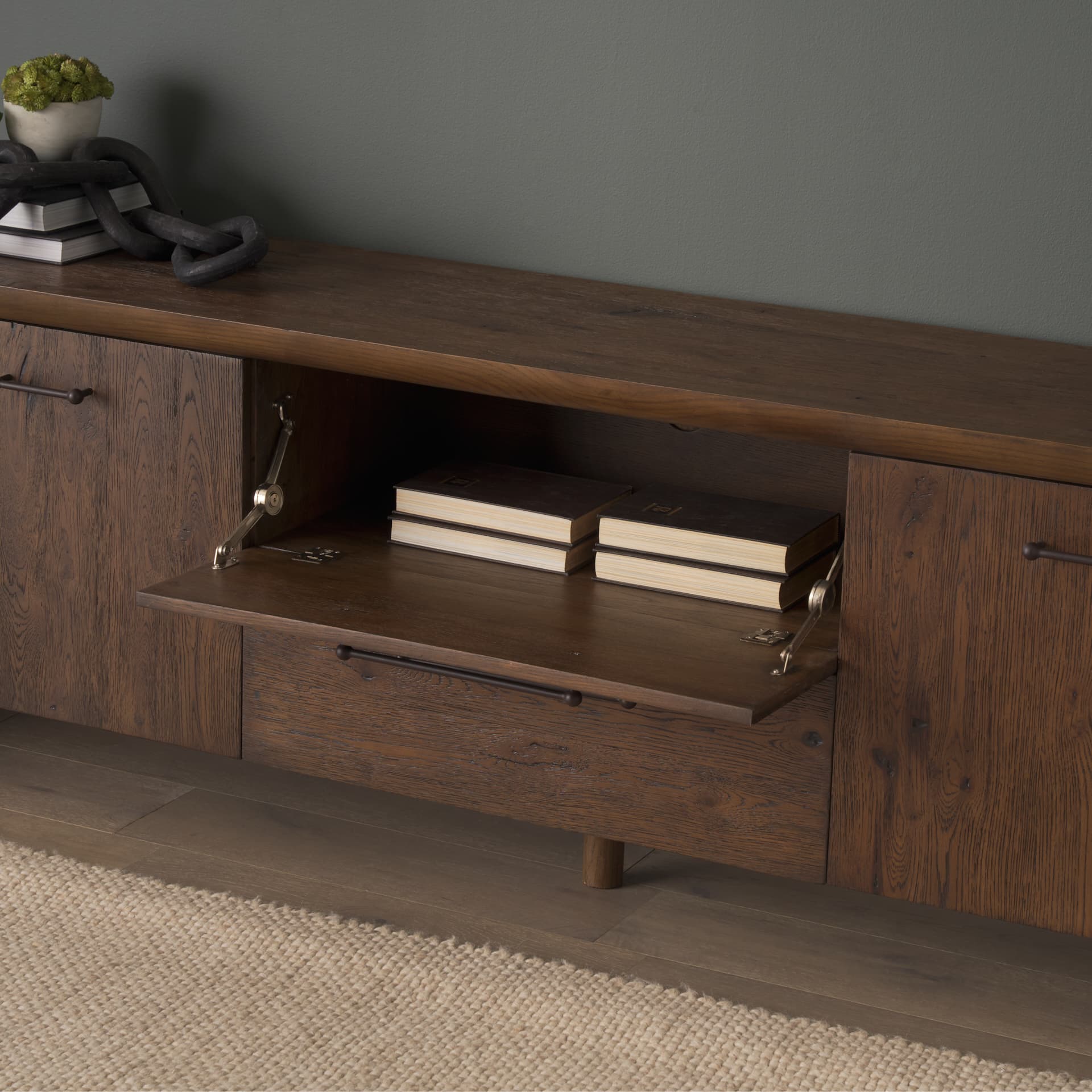 Belford 94" Dark Brown Oak Wood Media Console — product photograph