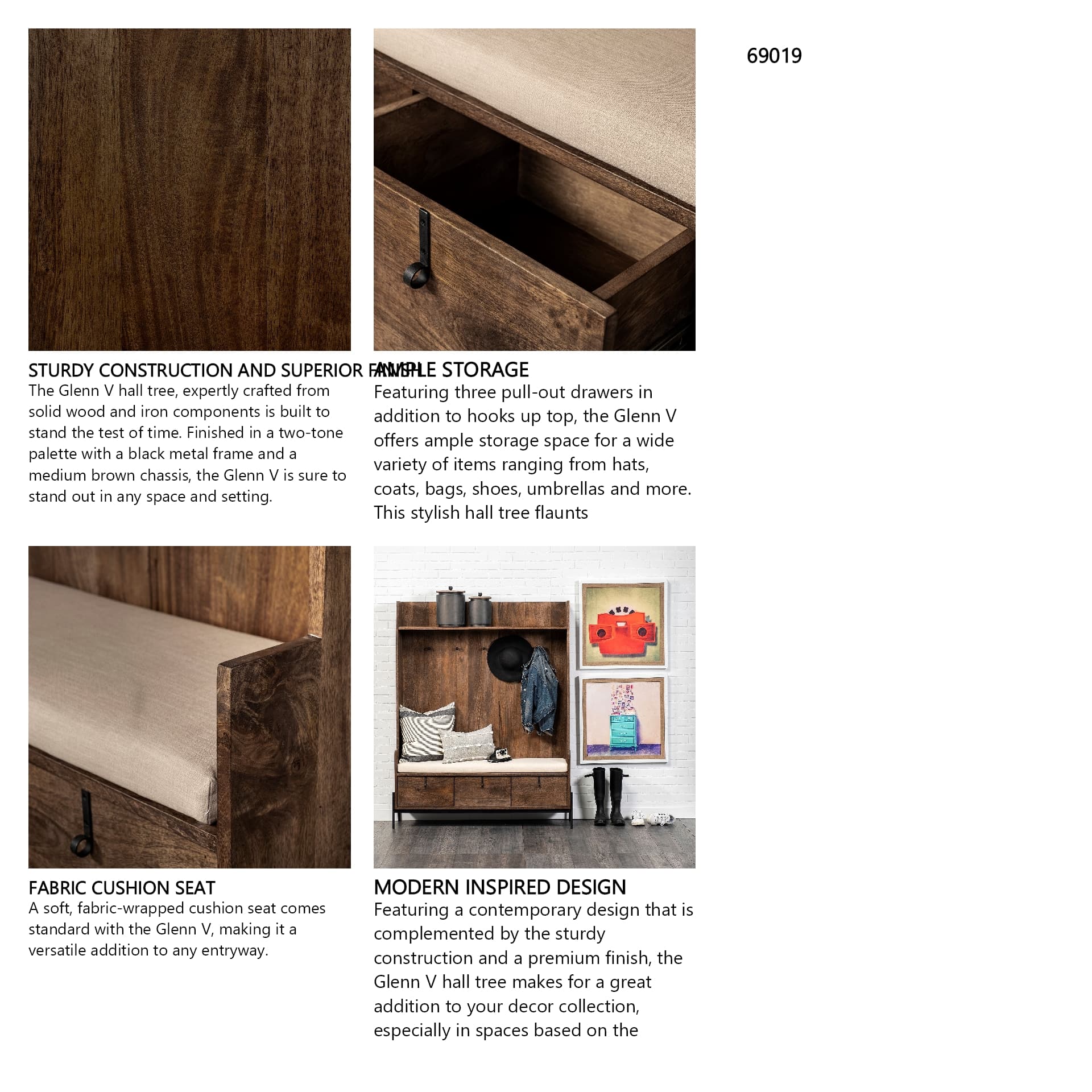 Glenn V 56L x 17W Dark Brown Wood w/ Cream Fabric Seat, 3 Drawers Hall Tree — in a styled room