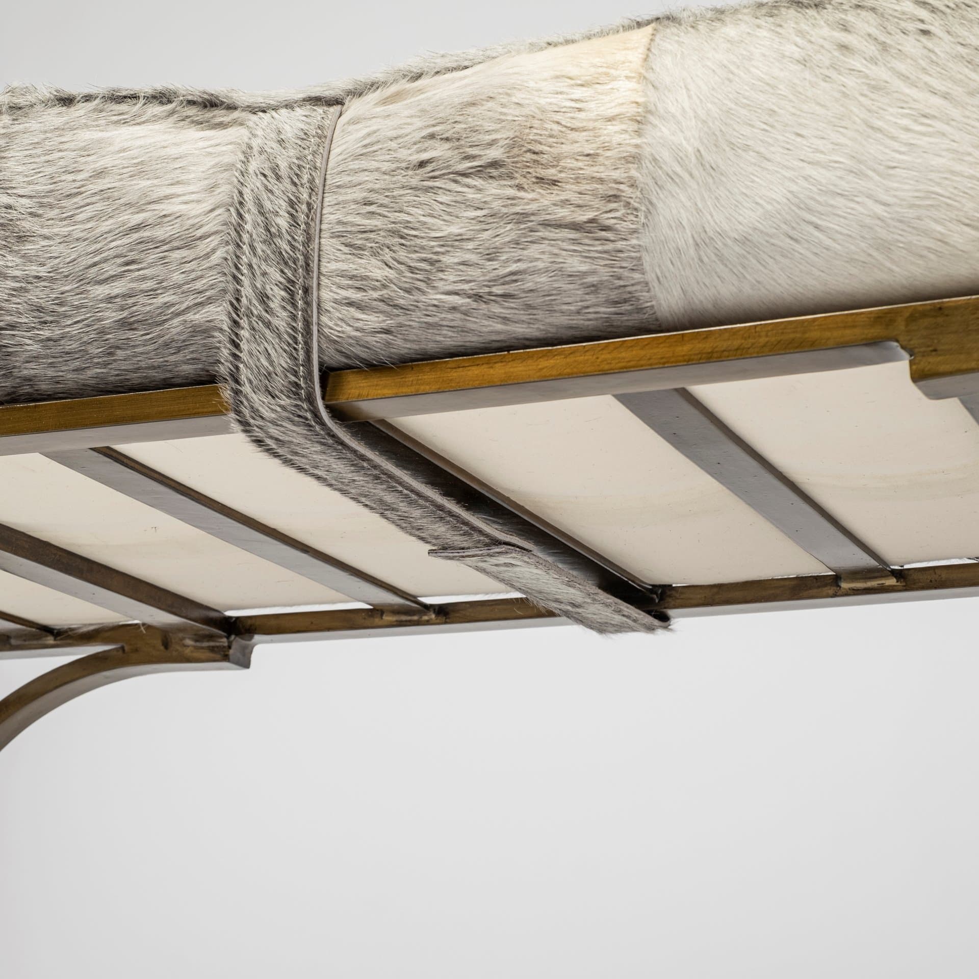 Jessie 55L x 16W White/Gray Hair-On-Hide Seat W/Gold Metal Base Accent Bench — product photograph