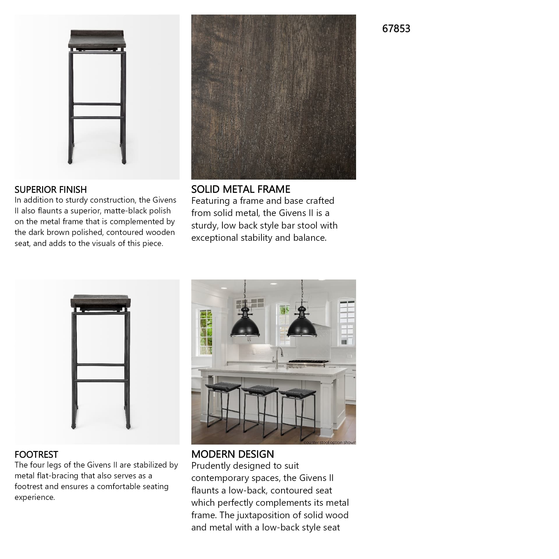 Givens Low Back 32in Seat Bar Stool | Black Wood w/ Black Metal — product photograph