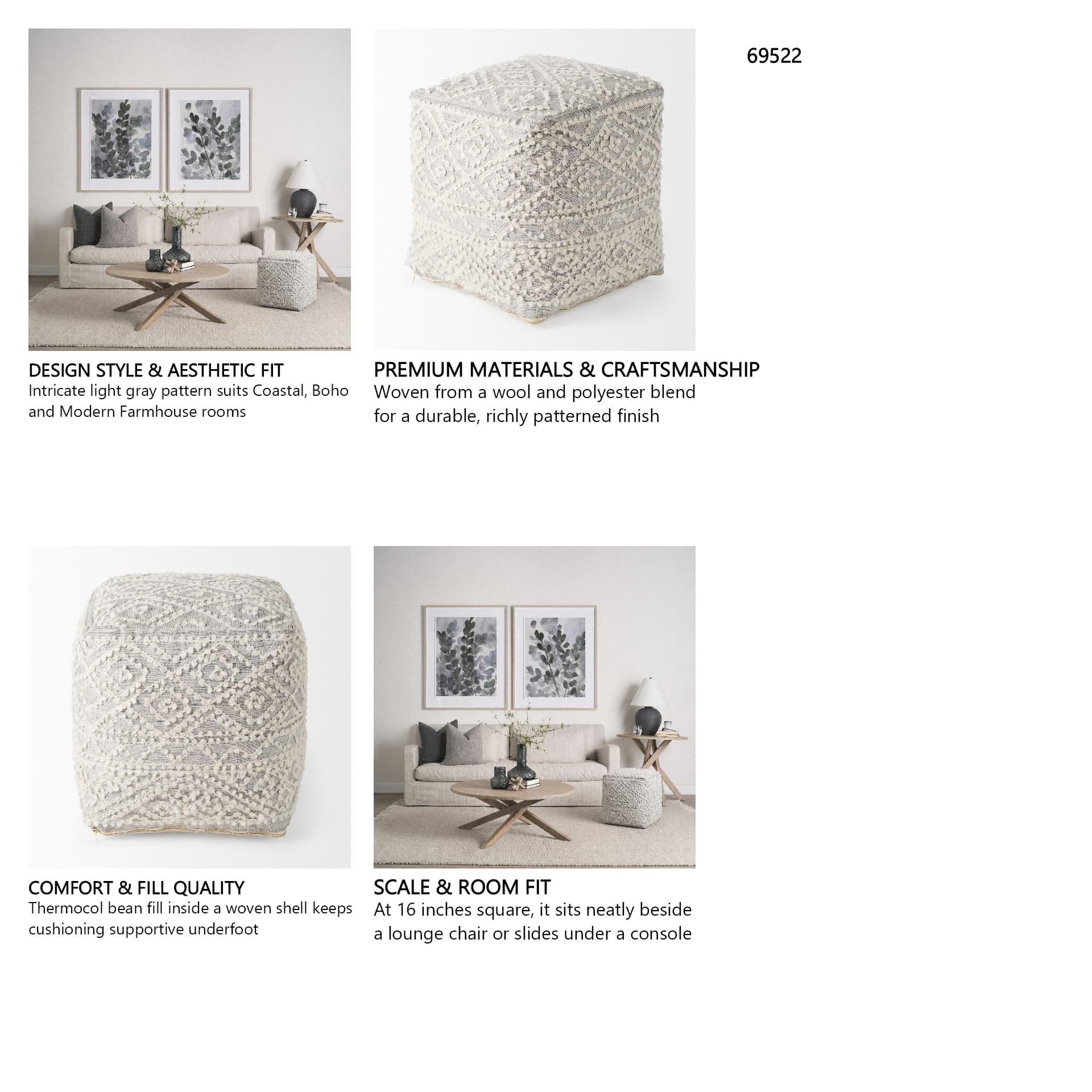 Farida 6.0L x 16.0W x 16.0H Light Gray Wool and Polyester Patterned Pouf — in a styled room
