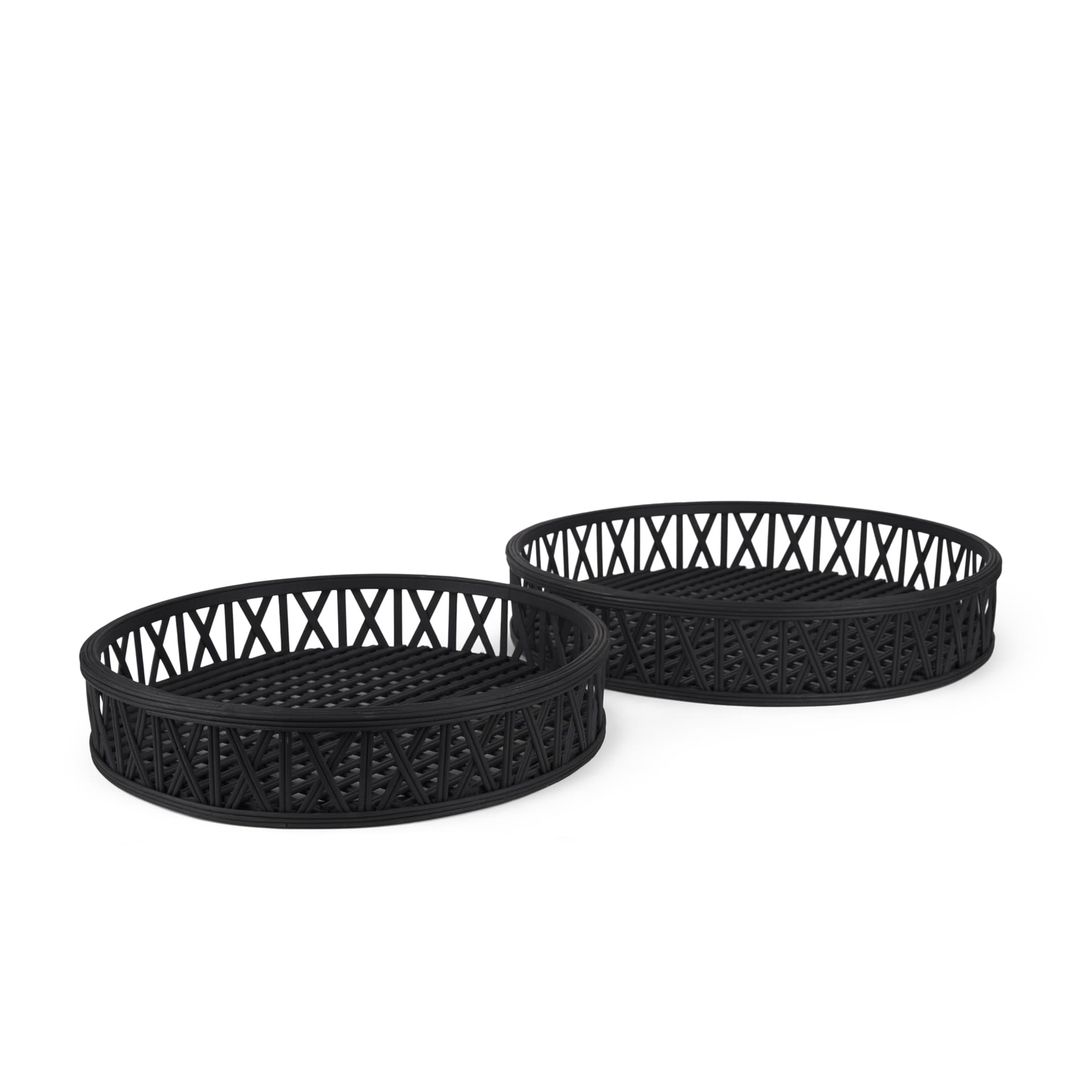 Thea Matte Black Wicker Trays (Set of 2) — product photograph