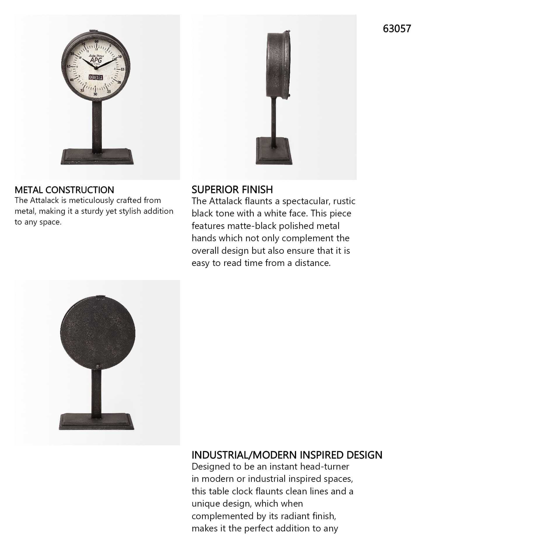 Attalack II Black Metal Round Face Table Clock — in a styled room