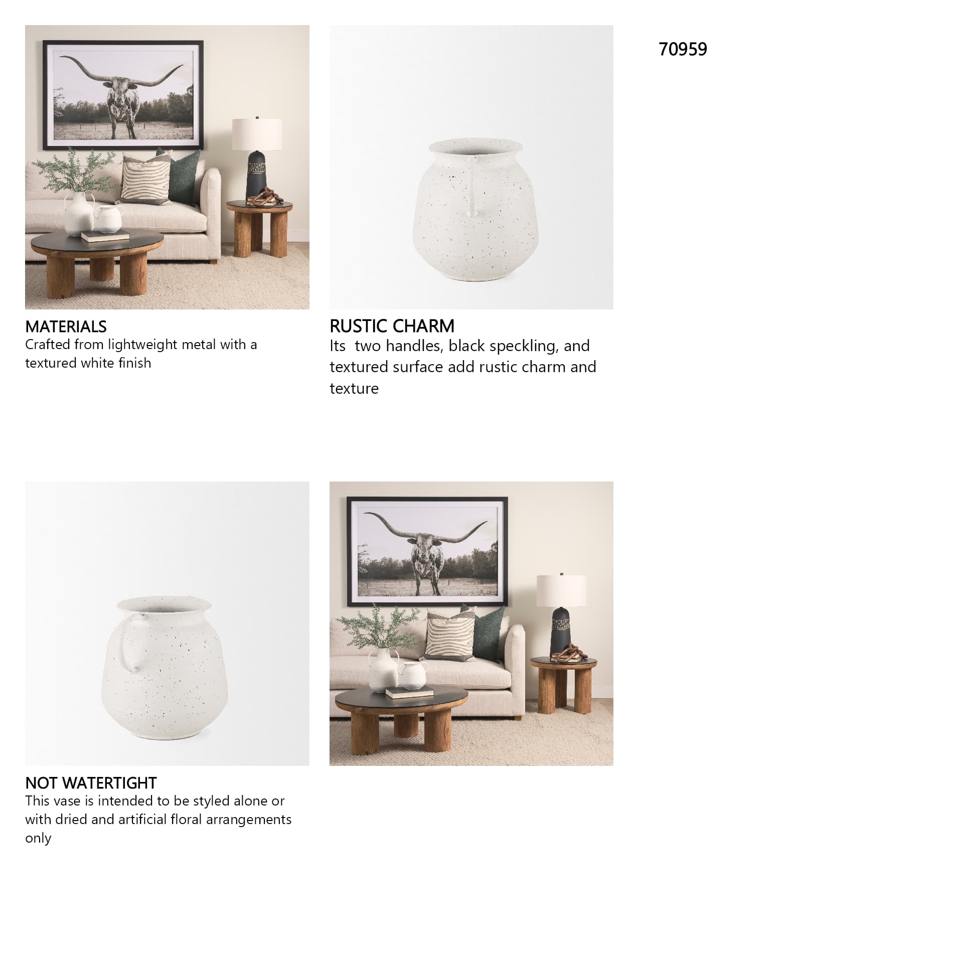 Treva Small White w/ Black Speckles Metal Vase — in a styled room