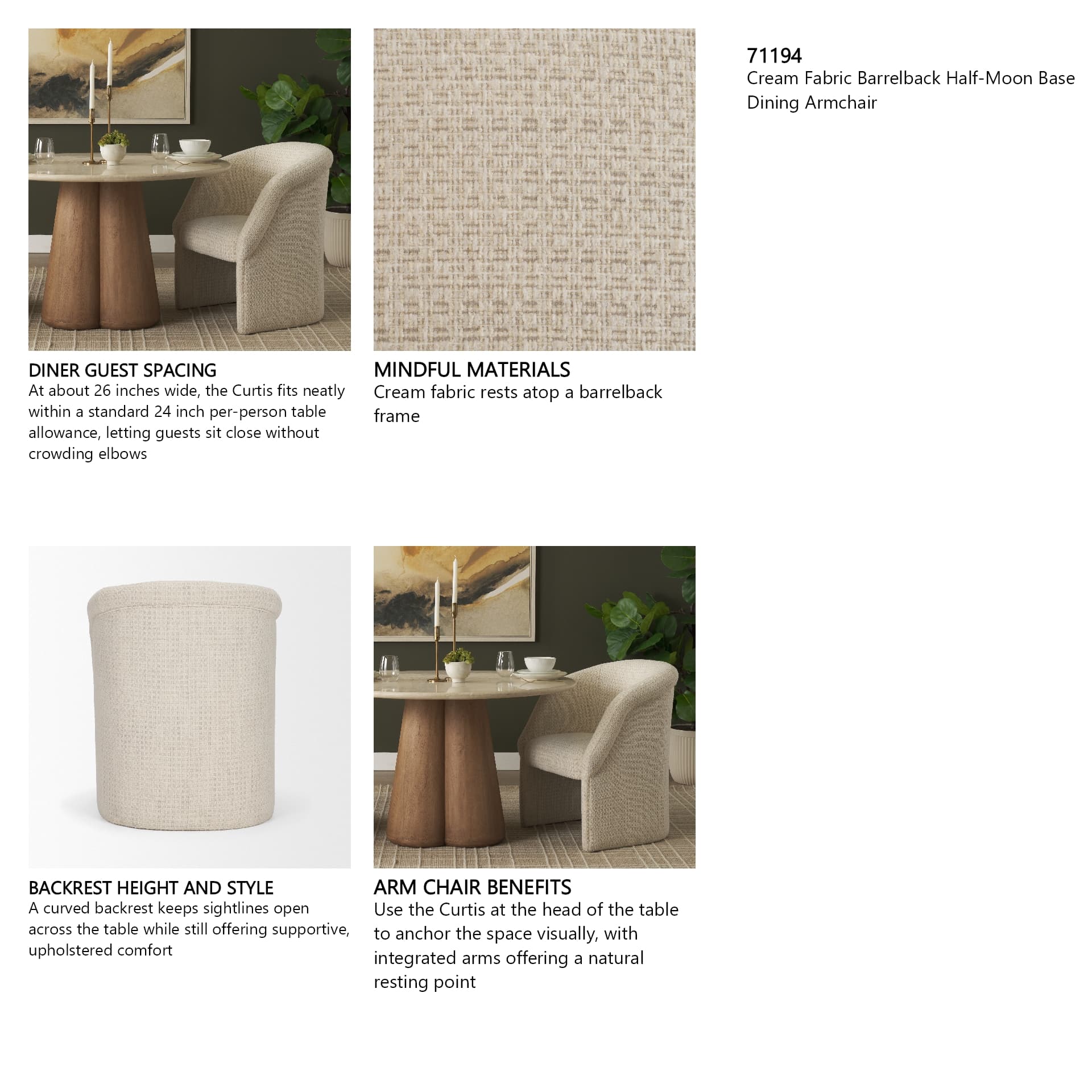 Curtis Barrel Back Dining Arm Chair | Cream Fabric w/ Tapered Wood — in a styled room