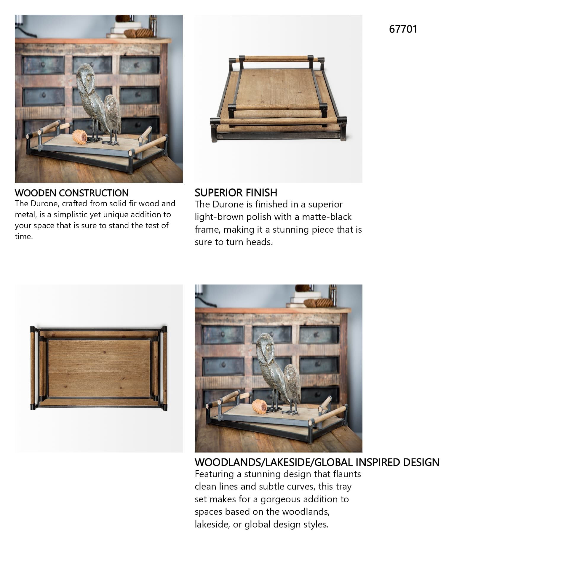 Benson Set of 2 Brown Wood Black Metal Trays — in a styled room