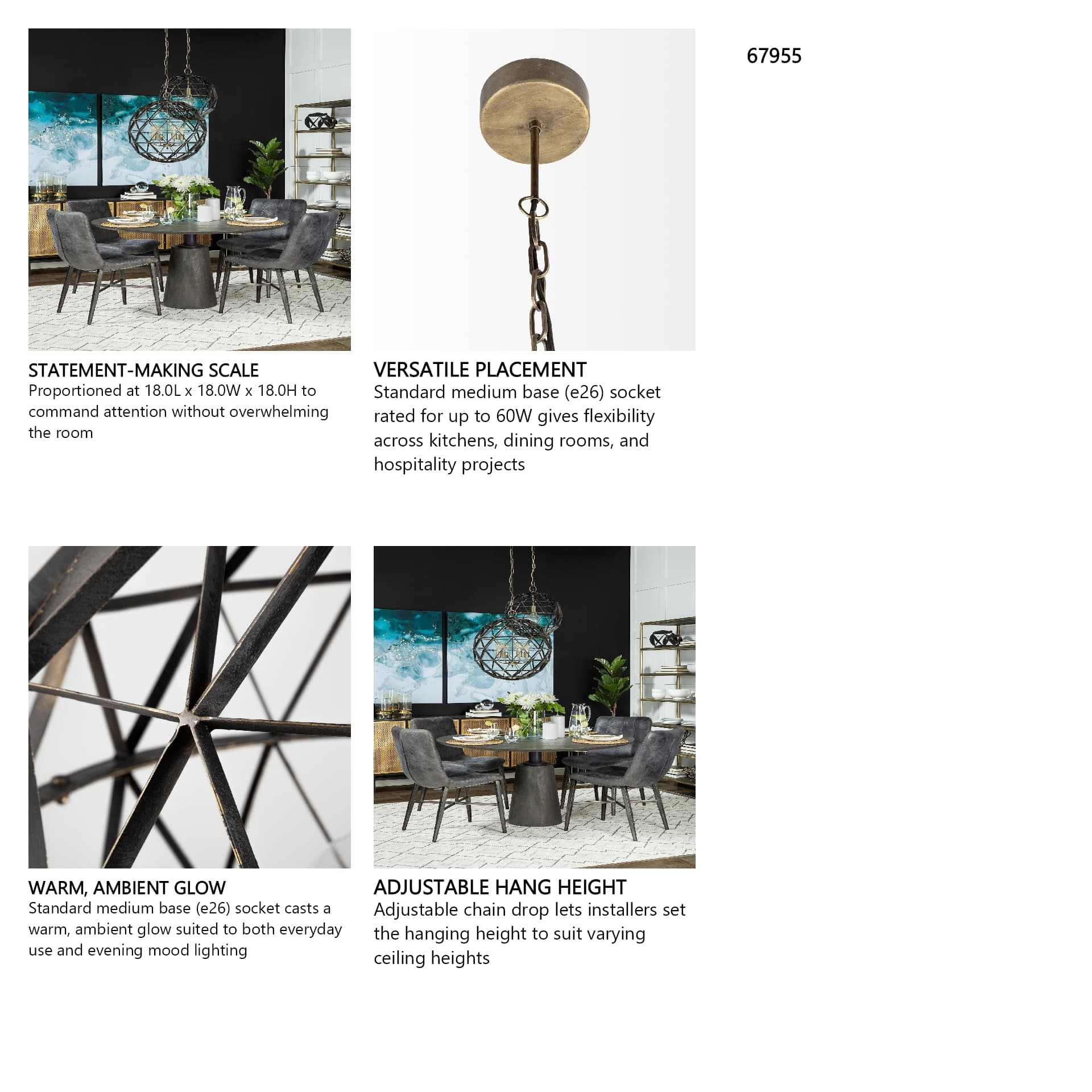 Dyson I 18x18 Black Metal Triangular Orb Pendant Light — in a styled room