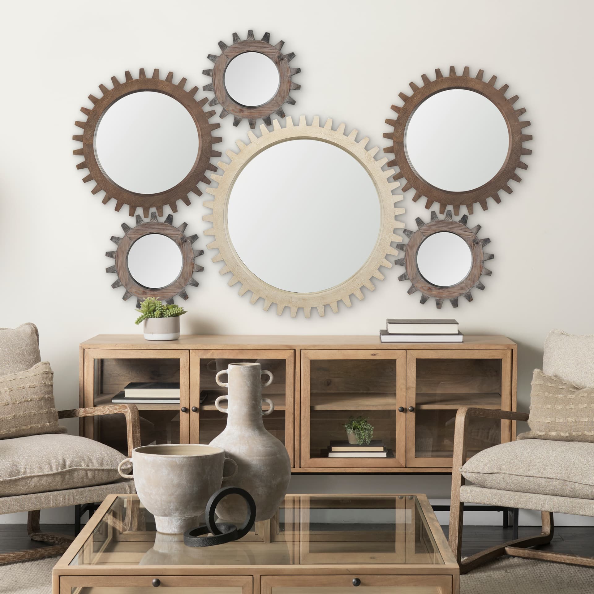 Cog Mirror 26" Round Brown Wood Frame Mirror — in a styled room