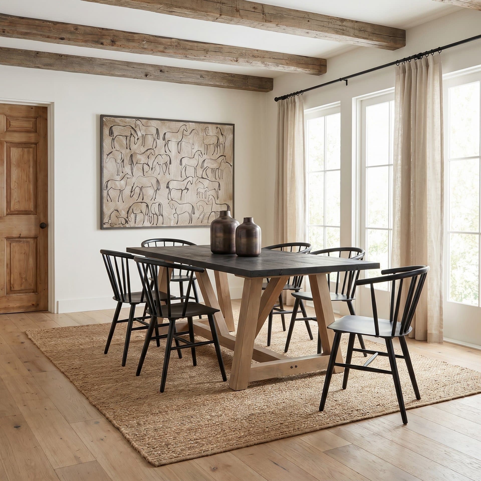 Rialto 84"L x 42"W Rectangular Trestle Dining Table | Black-Brown Wood & Light Brown Wood | Seats 8 — product photograph