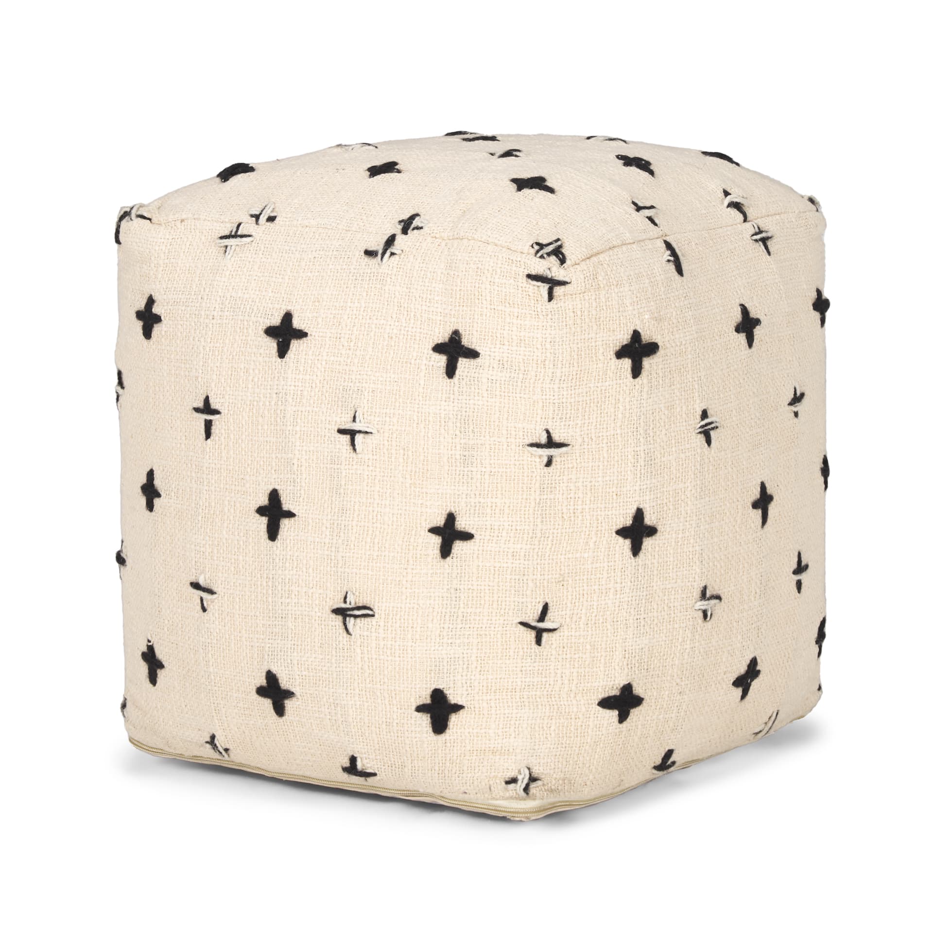 Saanvi Wool w/ Cream and Black Stitched Cross Patterned Pouf — product photograph