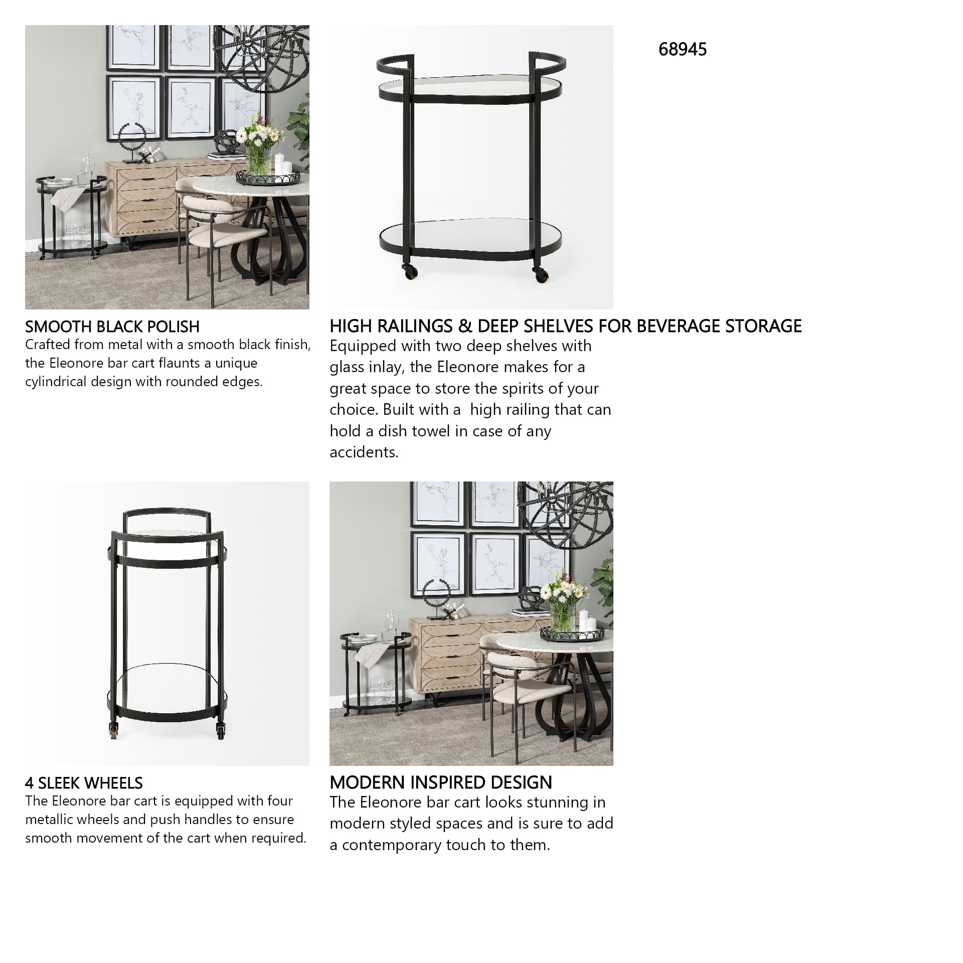 Eleonore Black Metal Frame Two-Tier w/Glass Shelves Bar Cart — in a styled room