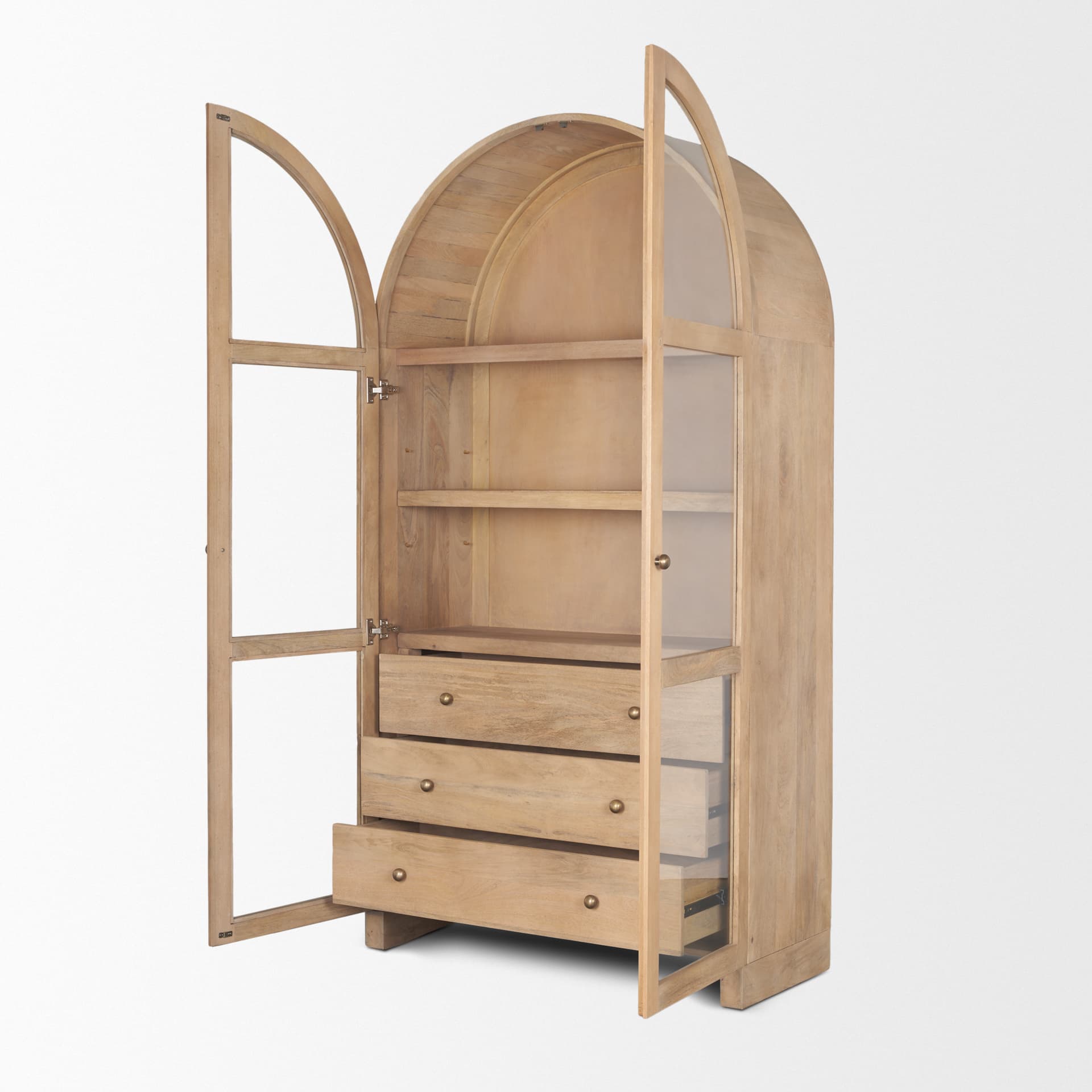 Suri Light Brown Wood W/Glass Doors Arched Curio Cabinet — product photograph