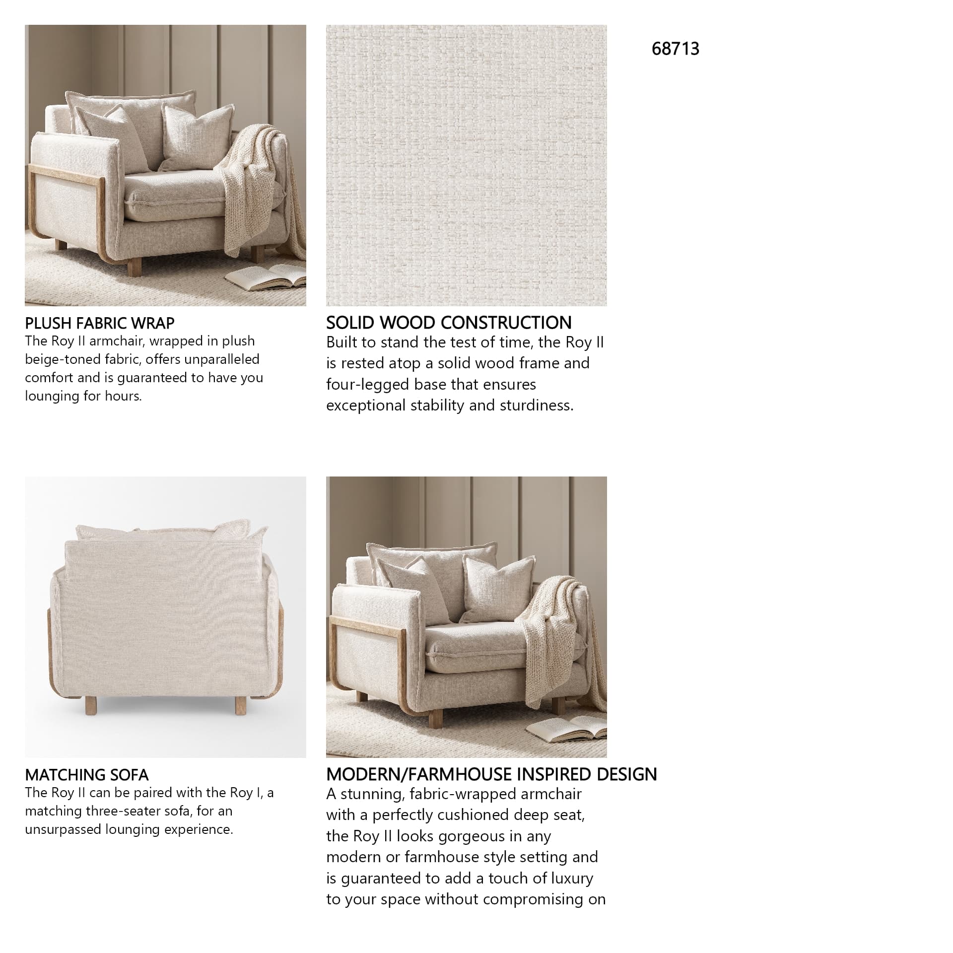 Roy II Beige Upholstered and Brown Wood Frame Arm Chair — in a styled room