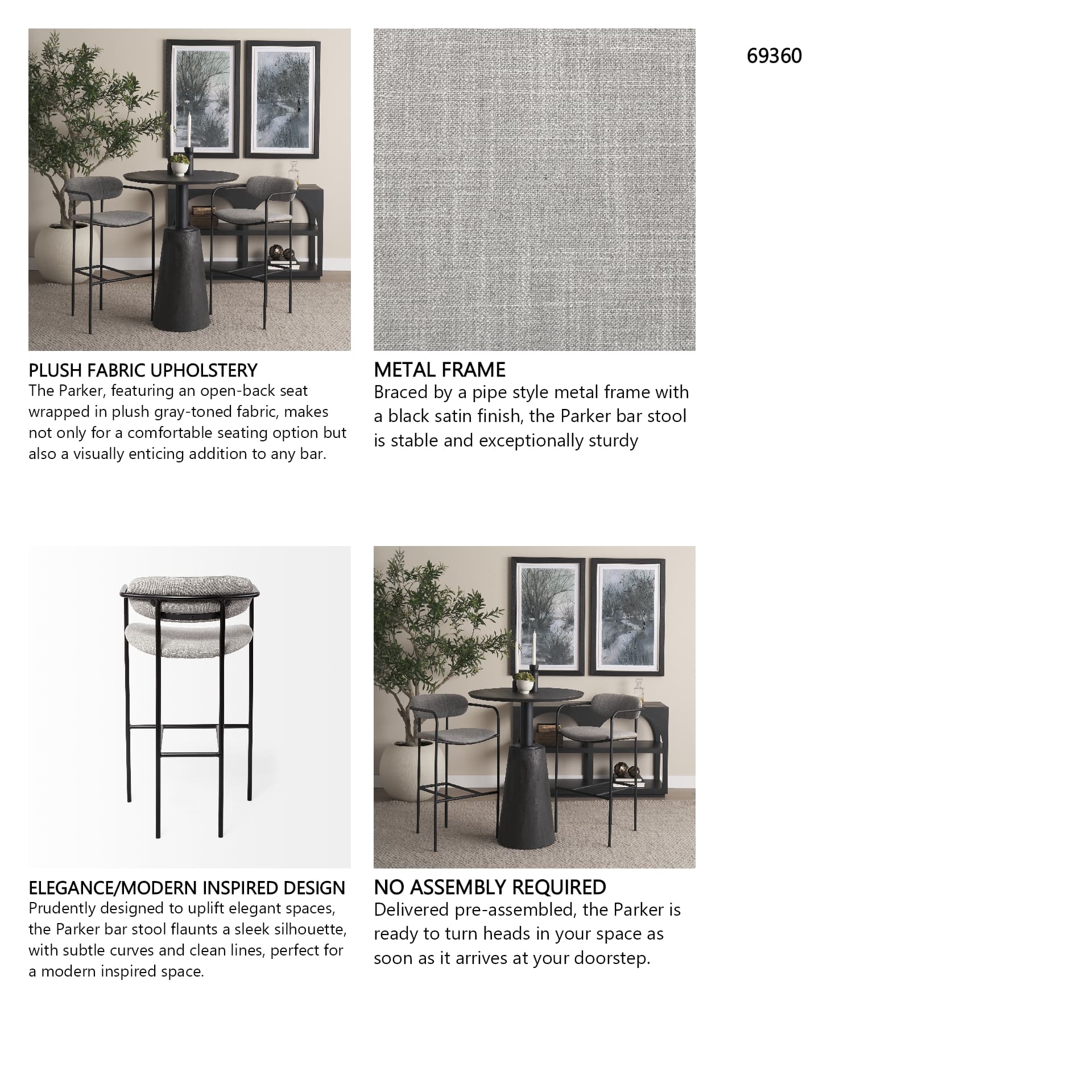 Parker Low Back 30.25in Seat Bar Stool | Gray Fabric w/ Black Metal — product photograph