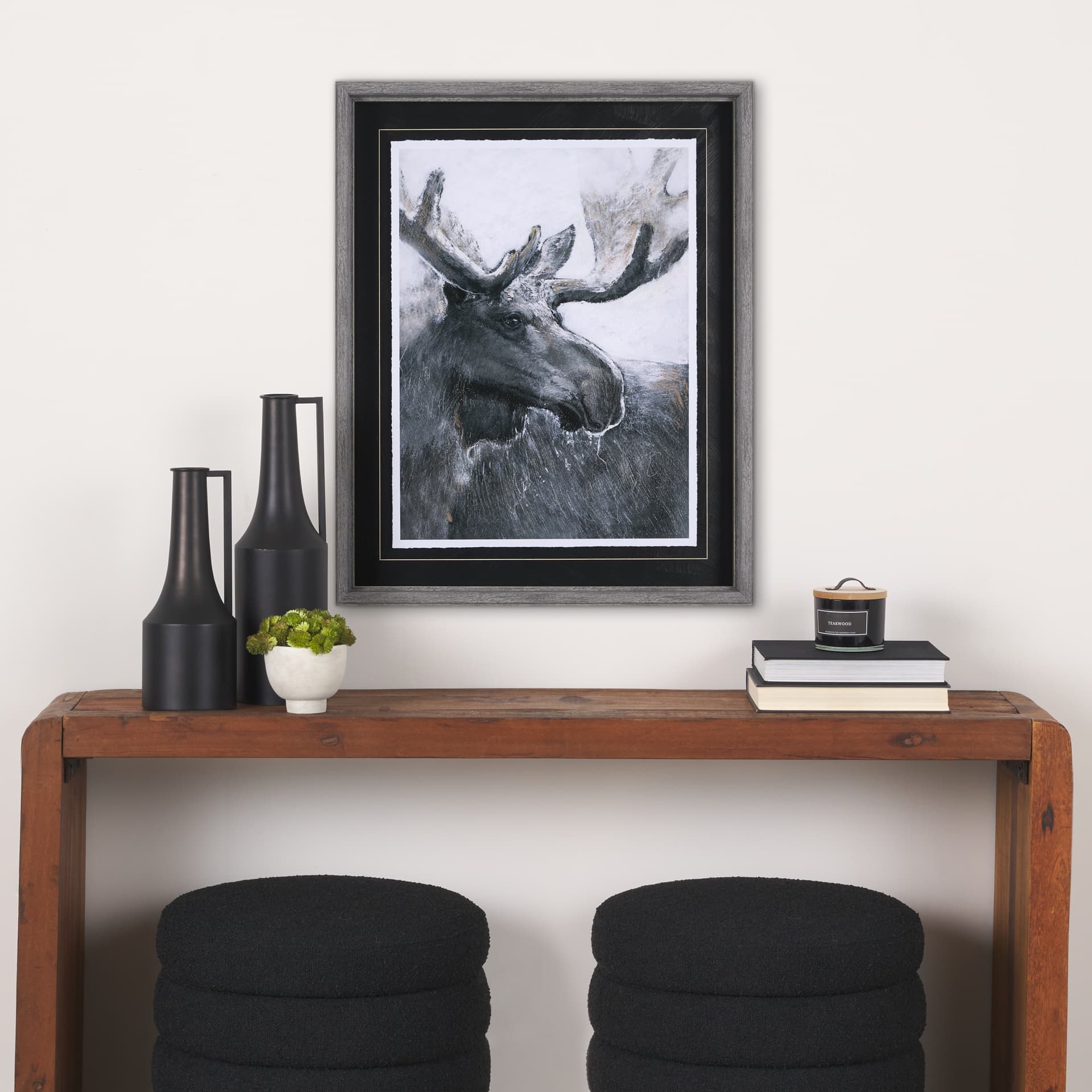 Animal Portrait I (Moose) by Mercana Studio Hand Embellished Framed Art Print Matted under Glass — in a styled room