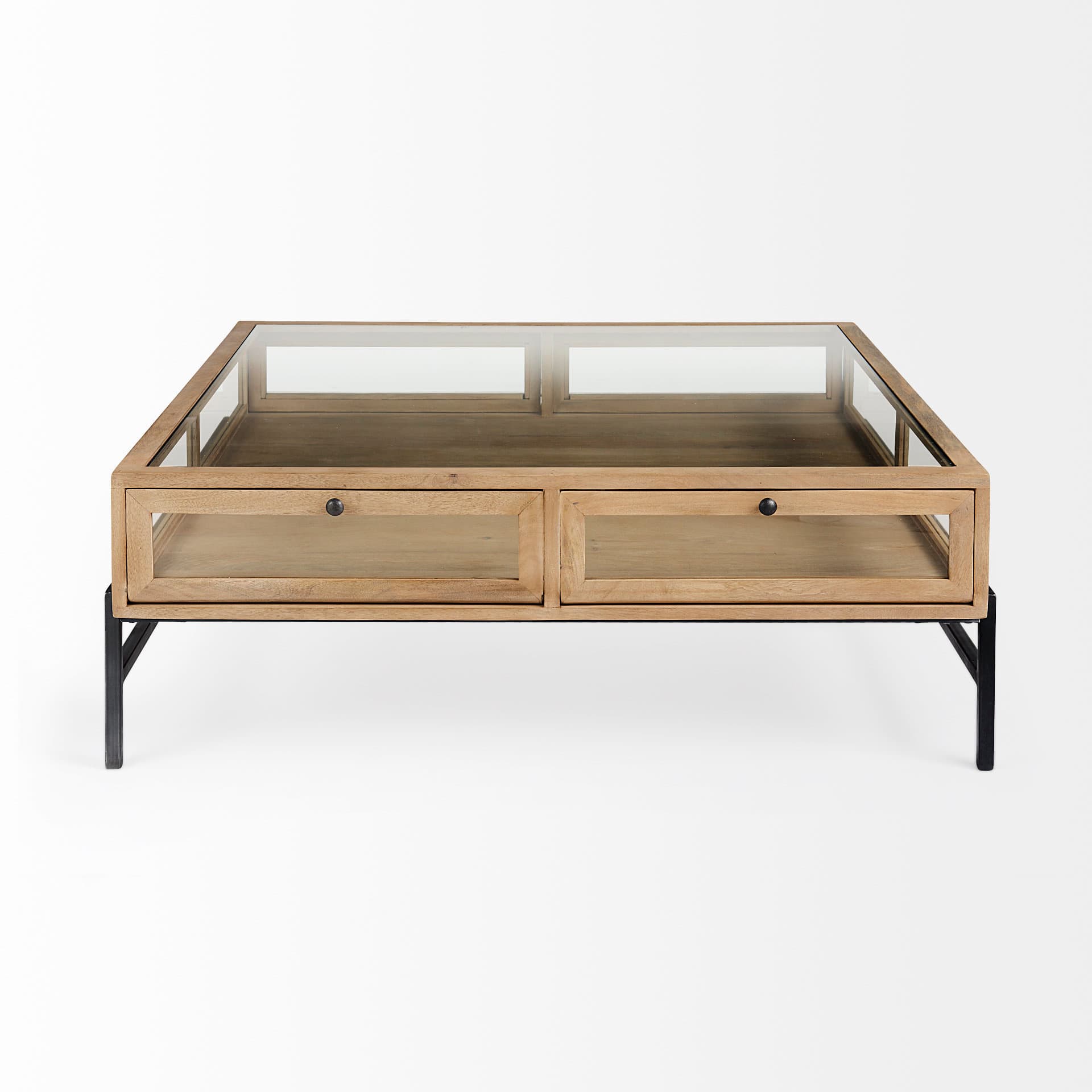 Arelius 42" Square Glass-Top Light Brown w/ Black Metal Base Display Coffee Table — product photograph