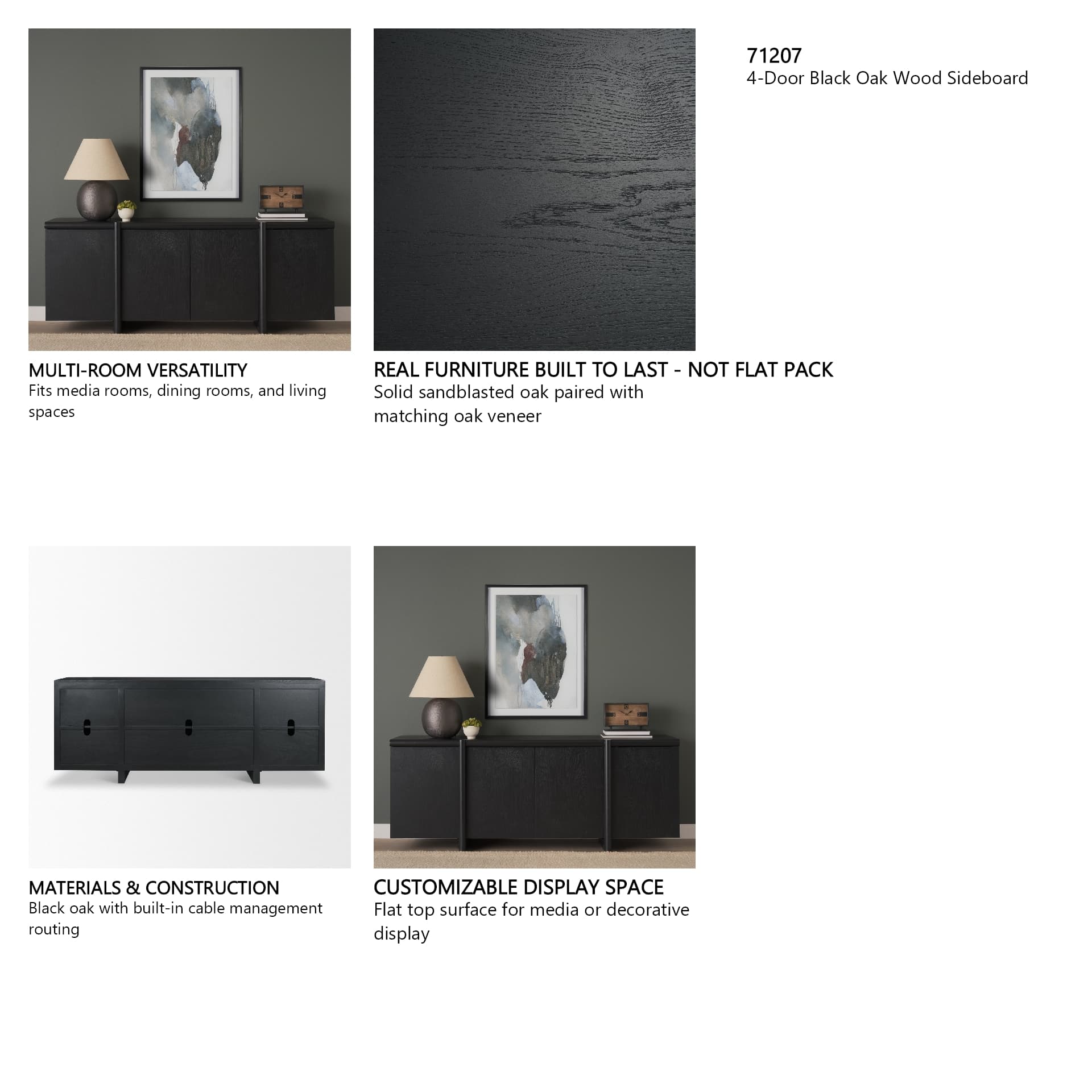 Rowan Black Oak Wood Closed 4 Door Sideboard — in a styled room