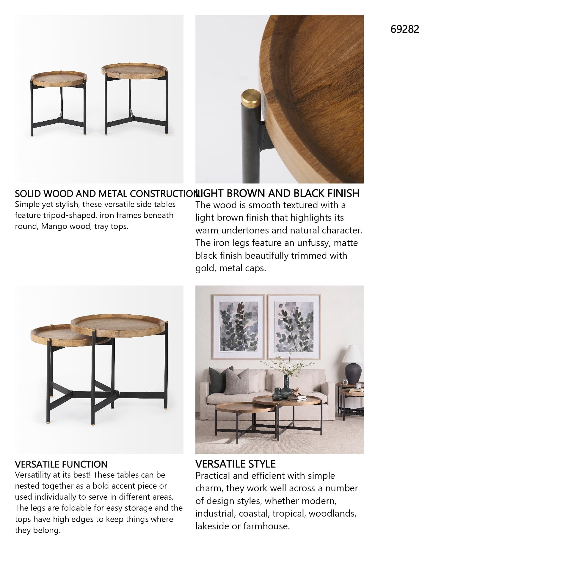 Marquisa (Set of 2) 22.5L x 22.5W x 20.8H Light Brown Wood W/ Black Metal Base Nesting Side Tables — in a styled room