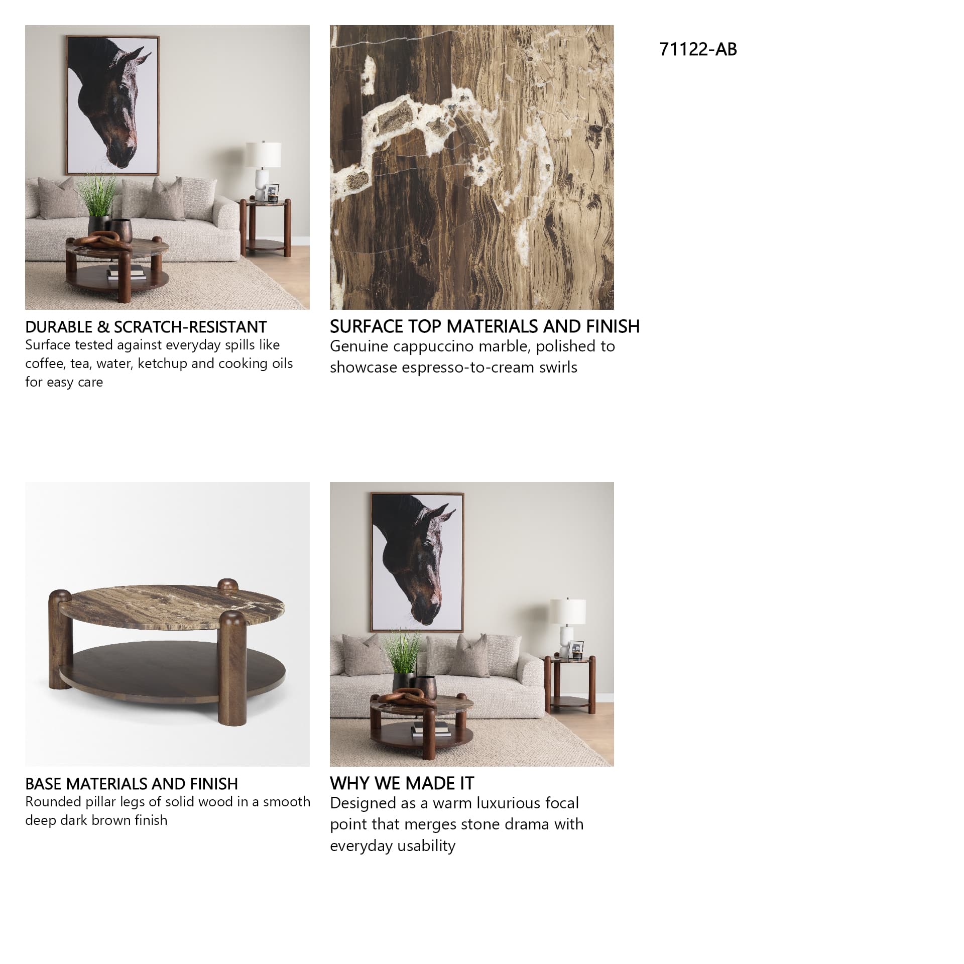Jovia Brown Mango Wood W/ Cappuccino Marble Round Coffee Table — in a styled room
