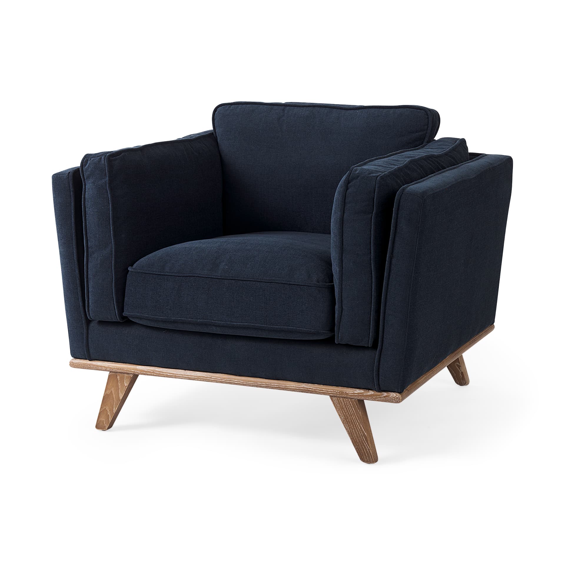 Brooks 41.7L x 34.8W x 33.5H Navy Blue Fabric Chair W/ Medium Brown Wooden Legs — product photograph
