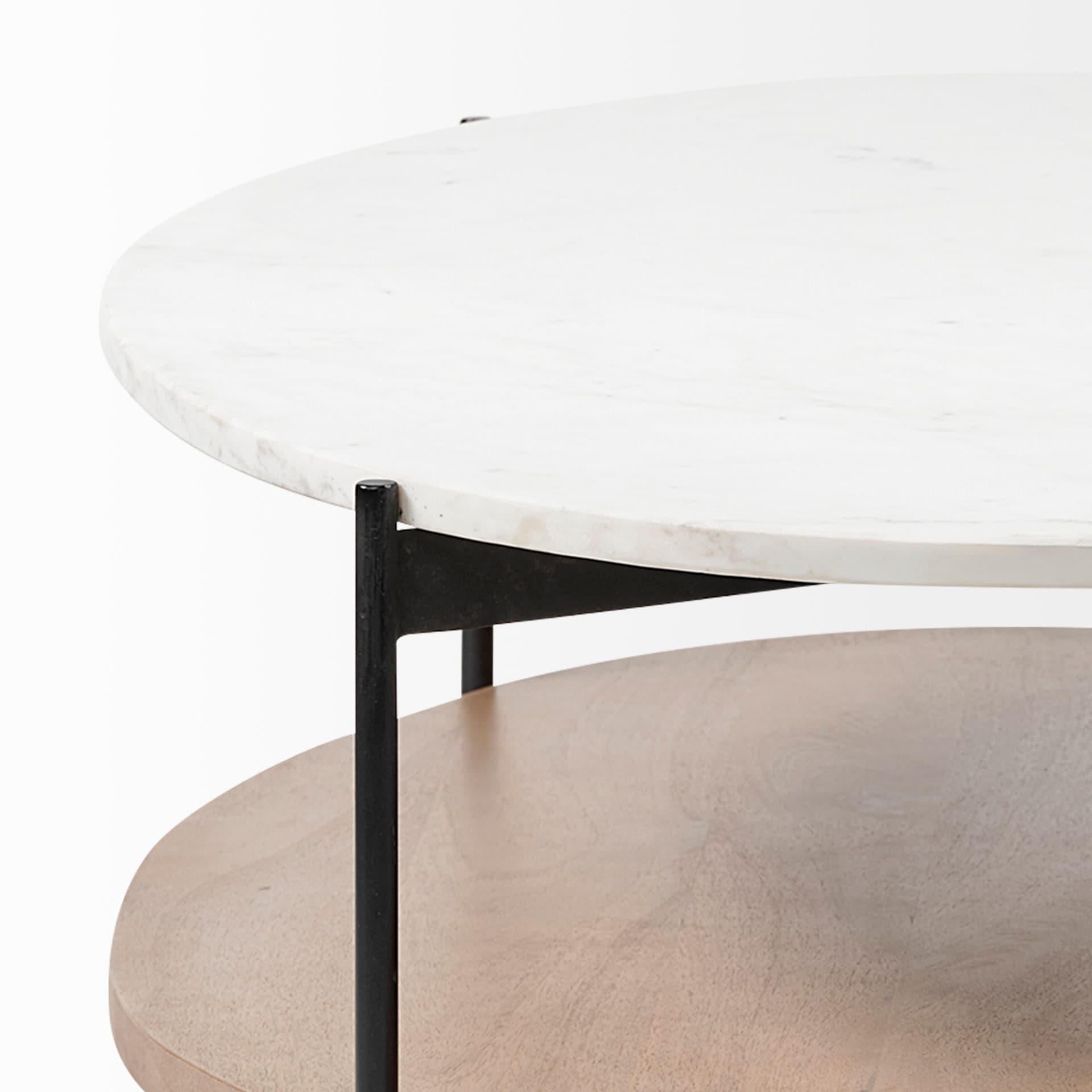 Larkin 48" Oval White Marble Top and Solid Wood Shelf w/ Black Metal Frame Coffee Table — product photograph