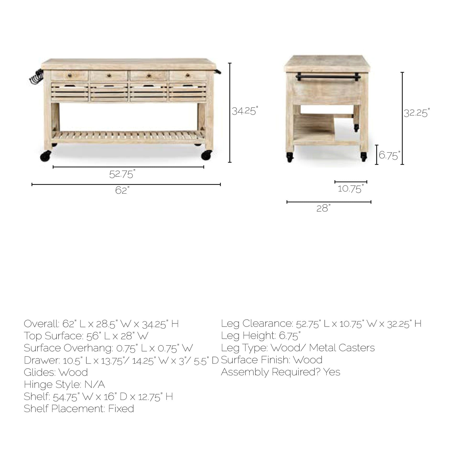 Columbia 62L x 28W x 36H I Light Brown Body w/ Black Iron Knobs Rolling Kitchen Island — product photograph