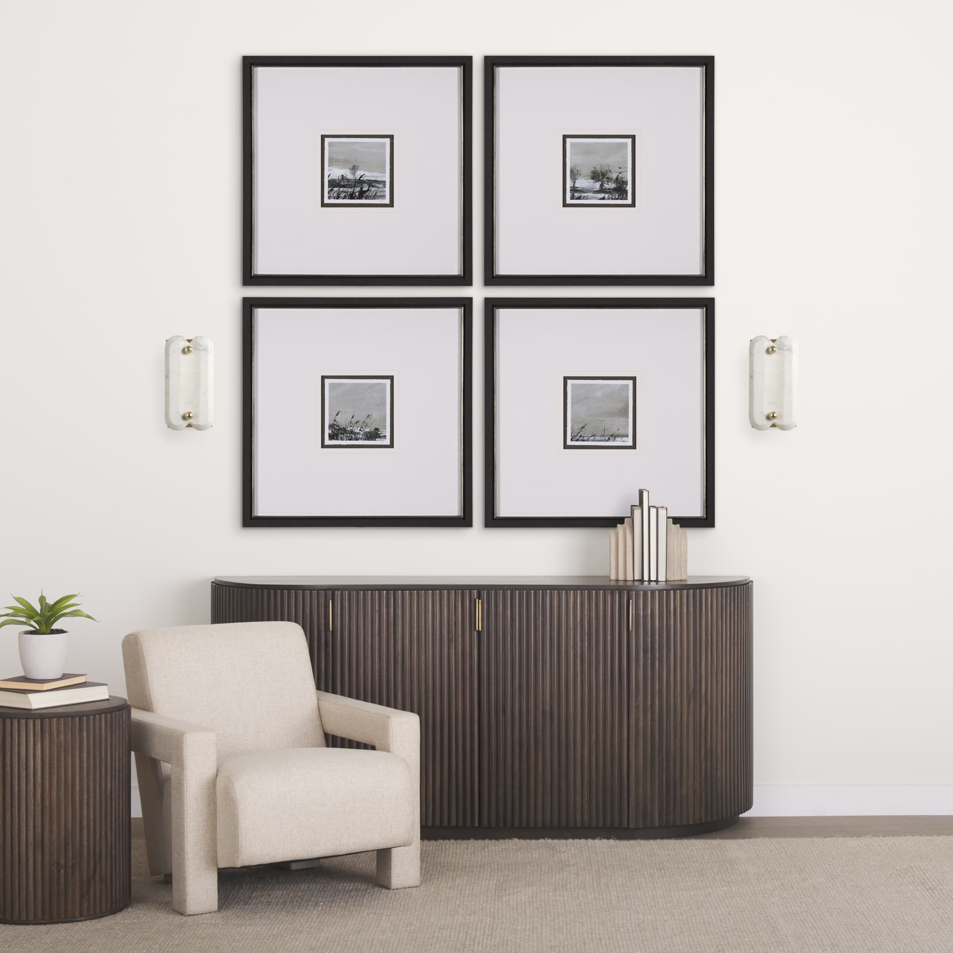 Stein 5L x 6W Gold W/ White Marble Shade Wall Sconce — in a styled room