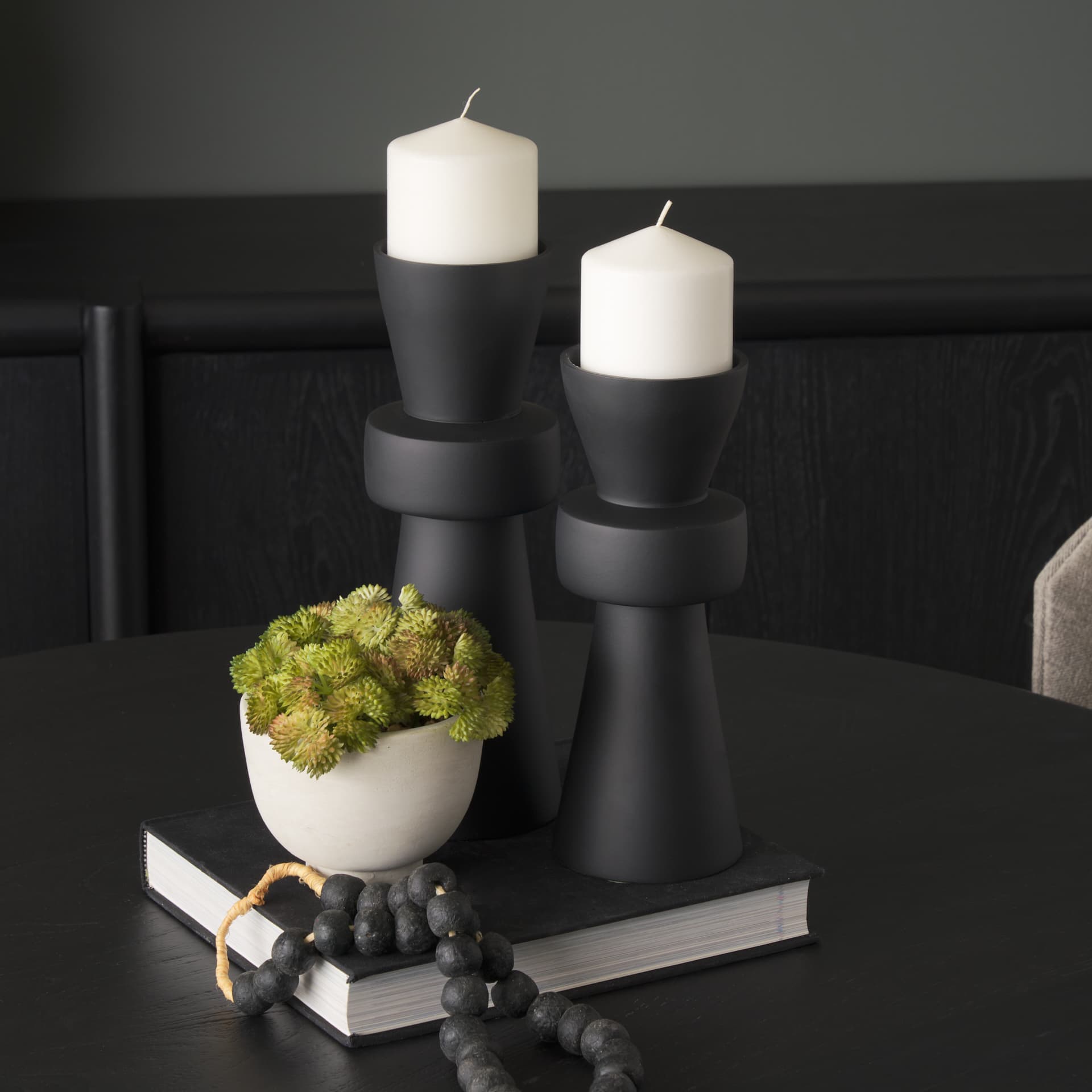 Odilia Large Smooth Matte Black Metal Geometric Pillar Candle Holder — product photograph