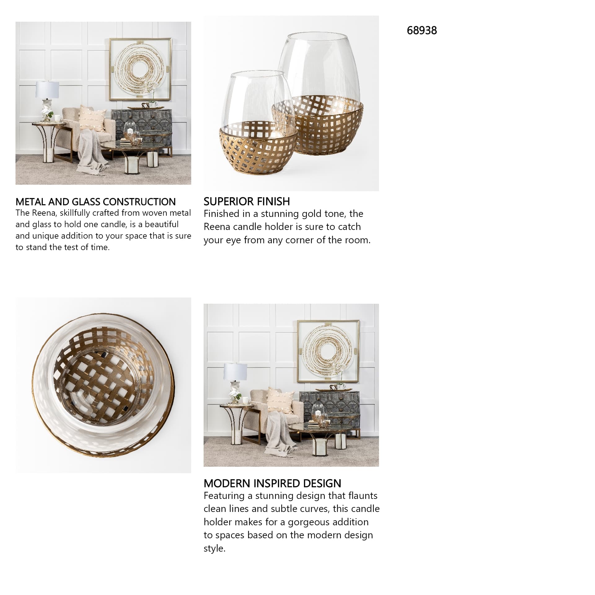 Reena I Small Gold Woven Metal Base Table Candle Holder — in a styled room