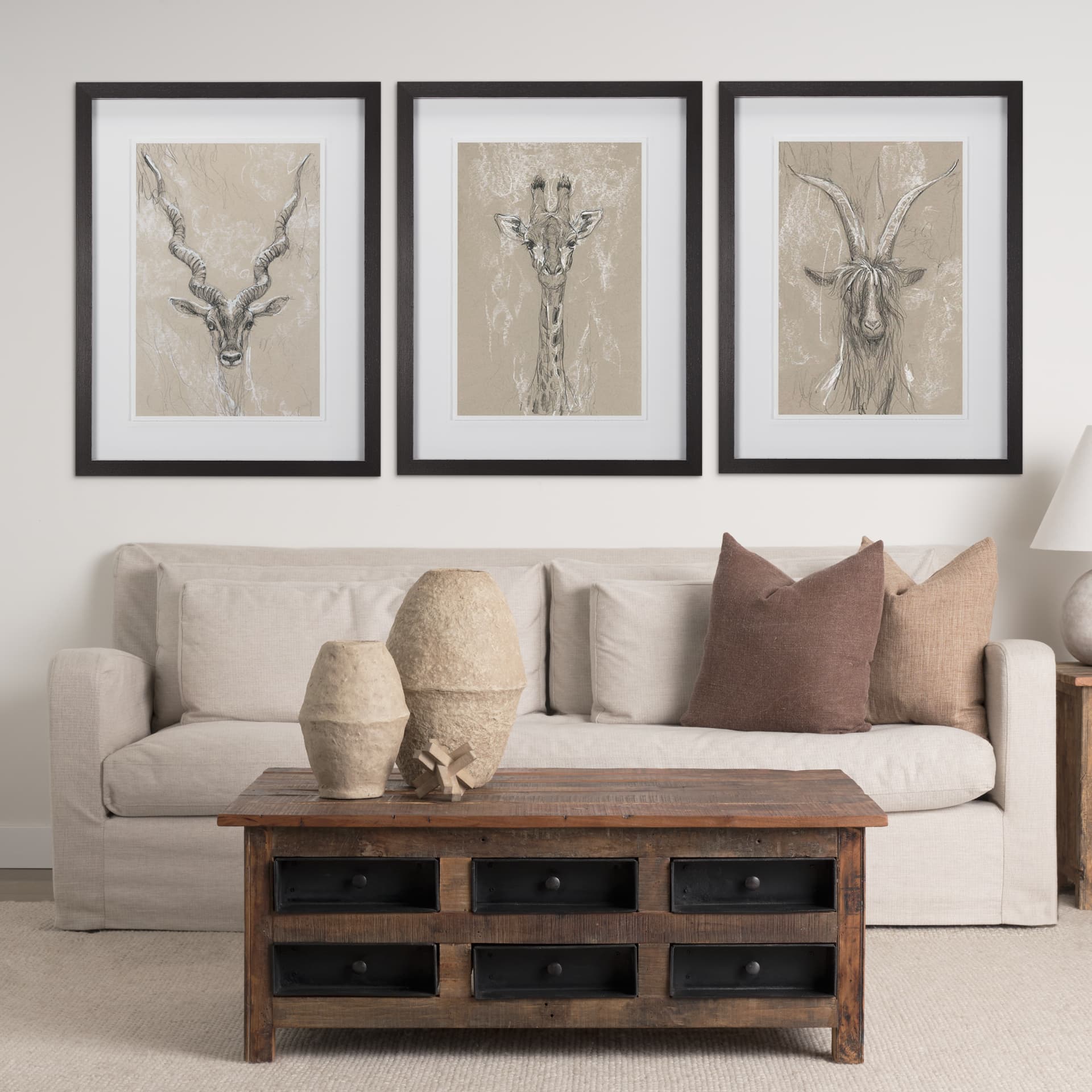 Sketch of Animal V (Goat) by Mercana Studio Hand Embellished Framed Art Print Matted under Glass — in a styled room