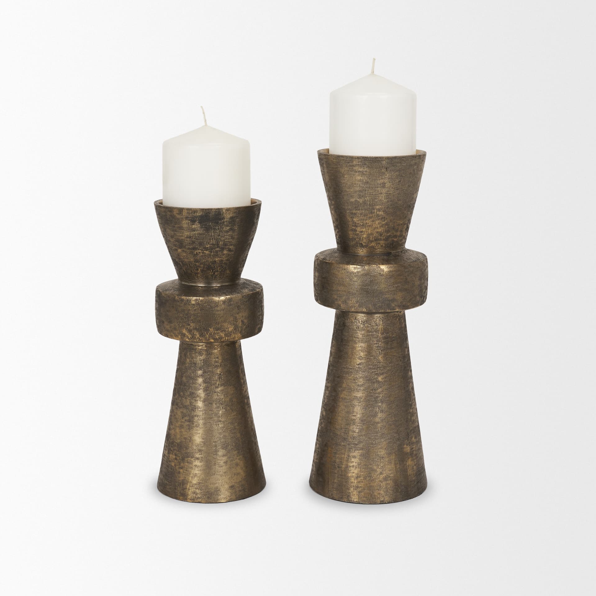 Odilia Small Textured Antiqued Gold Metal Geometric Pillar Candle Holder — product photograph
