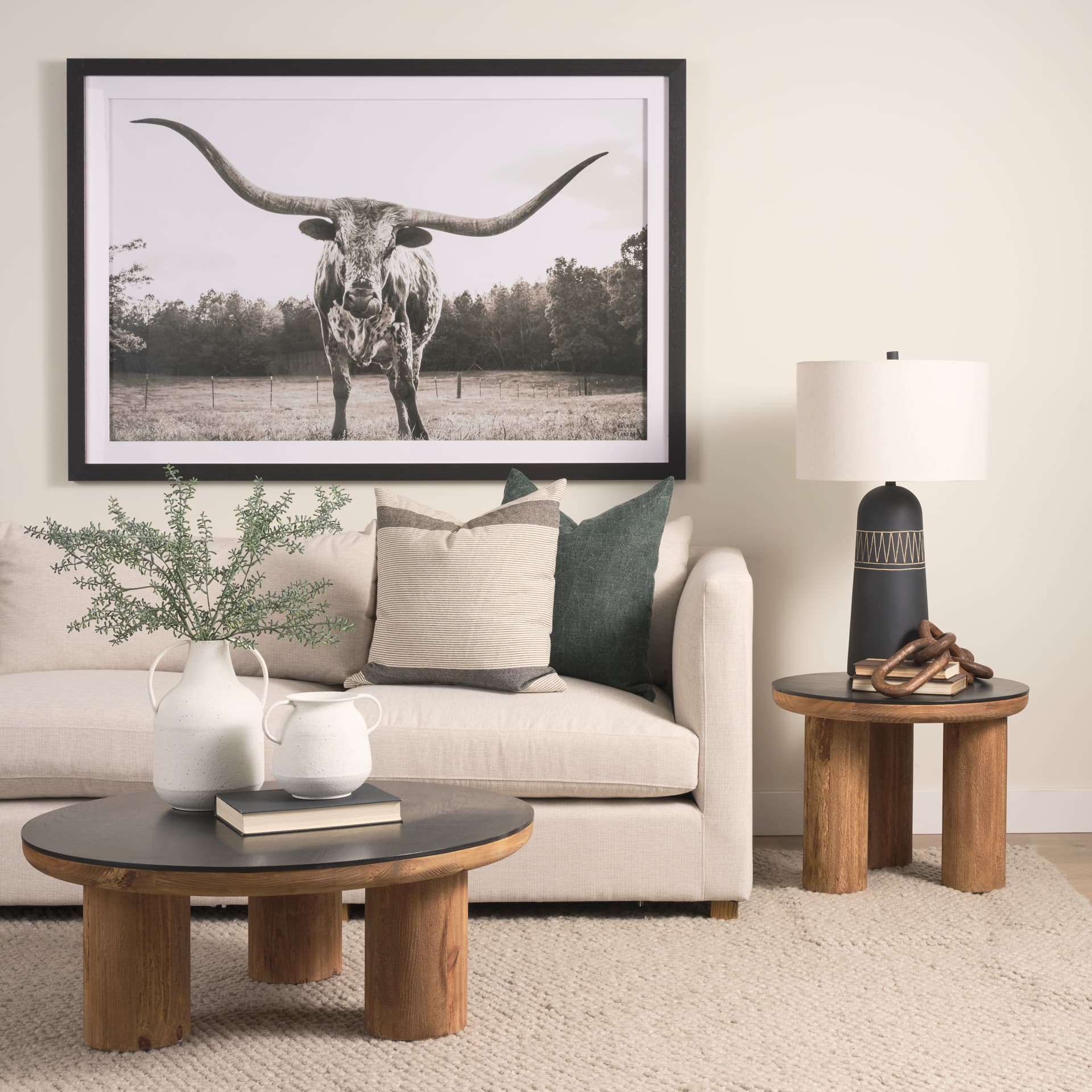 Tucson Natural Wood w/ Round Black Oak Top Coffee Table — in a styled room