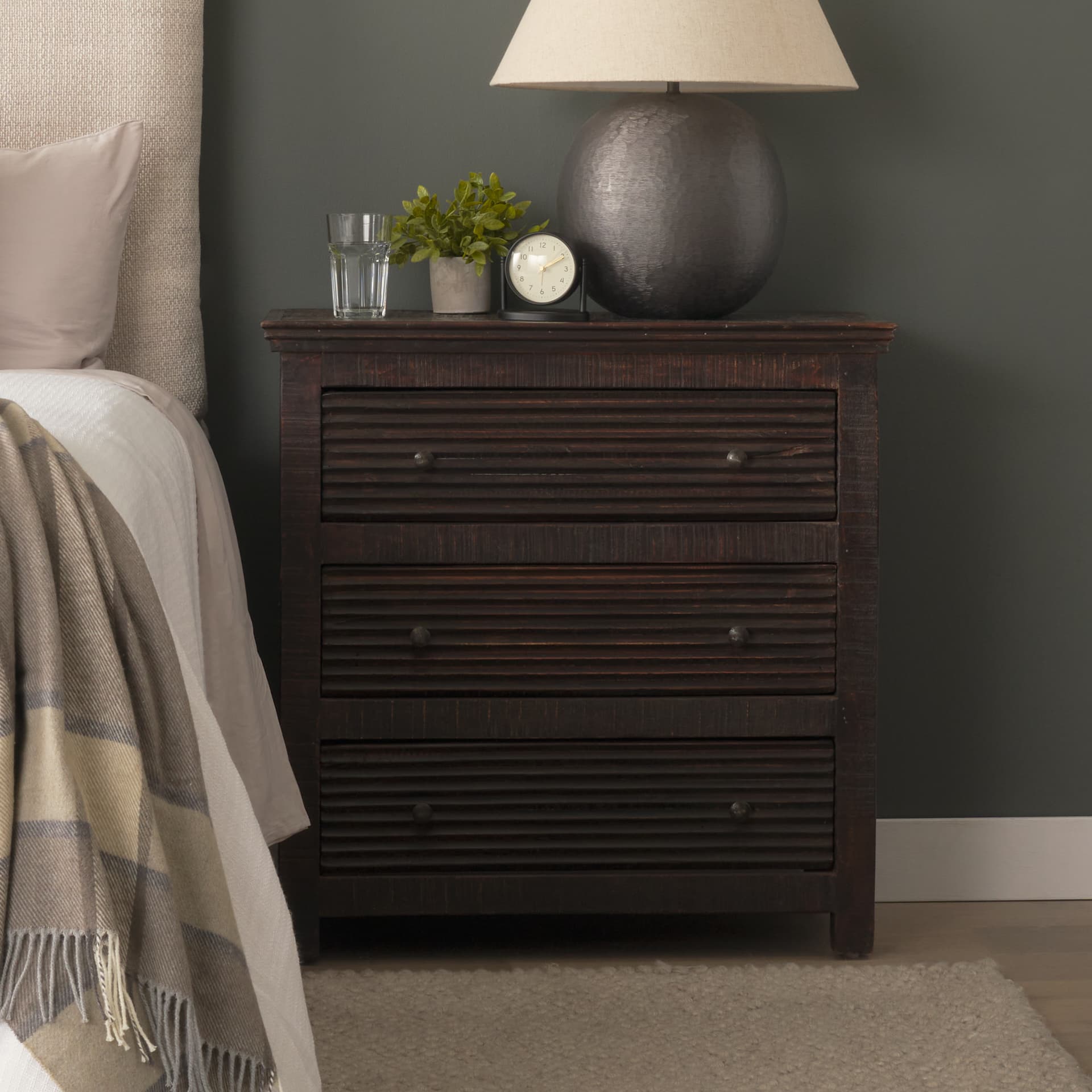 Rhett Reclaimed Wood 3 Drawer Cabinet — in a styled room
