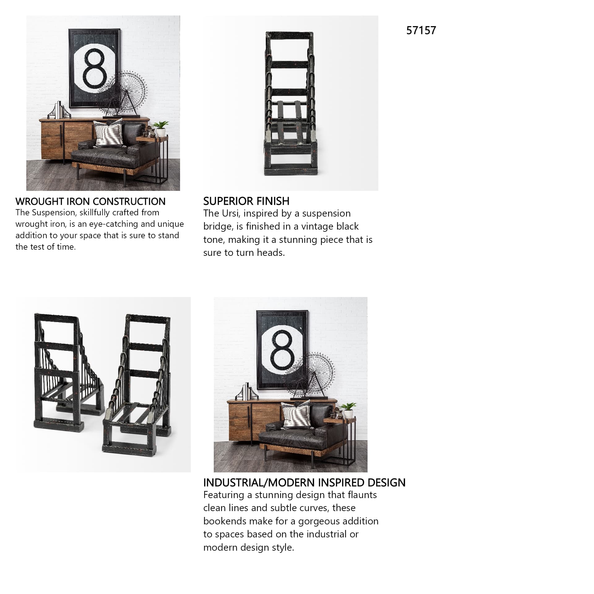 Suspension Set of 2 19L x 4W Brown Wrought Iron Suspension Bridge Bookends — in a styled room