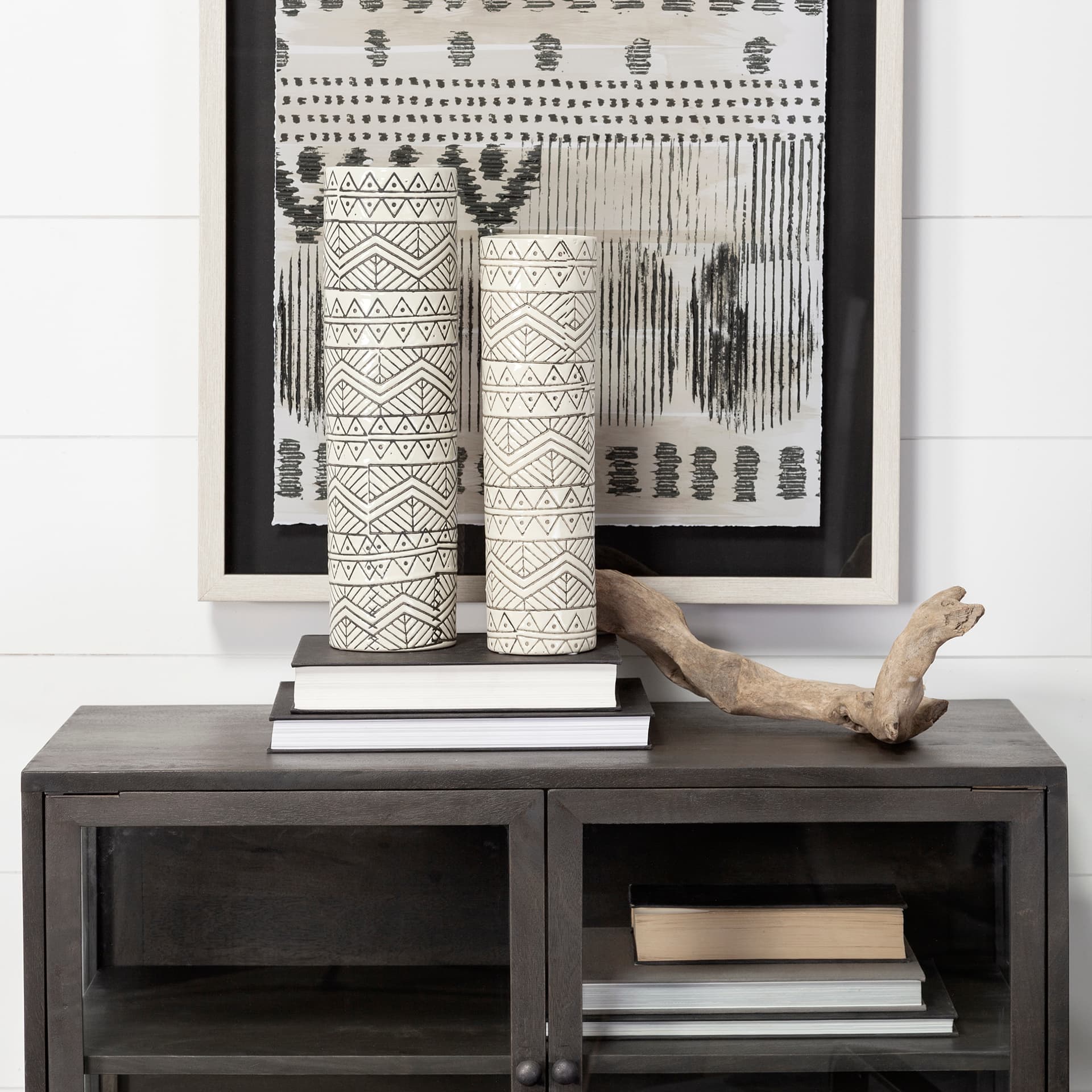 Uhura I Small Cream Black Patterned Cylindrical Vase — in a styled room