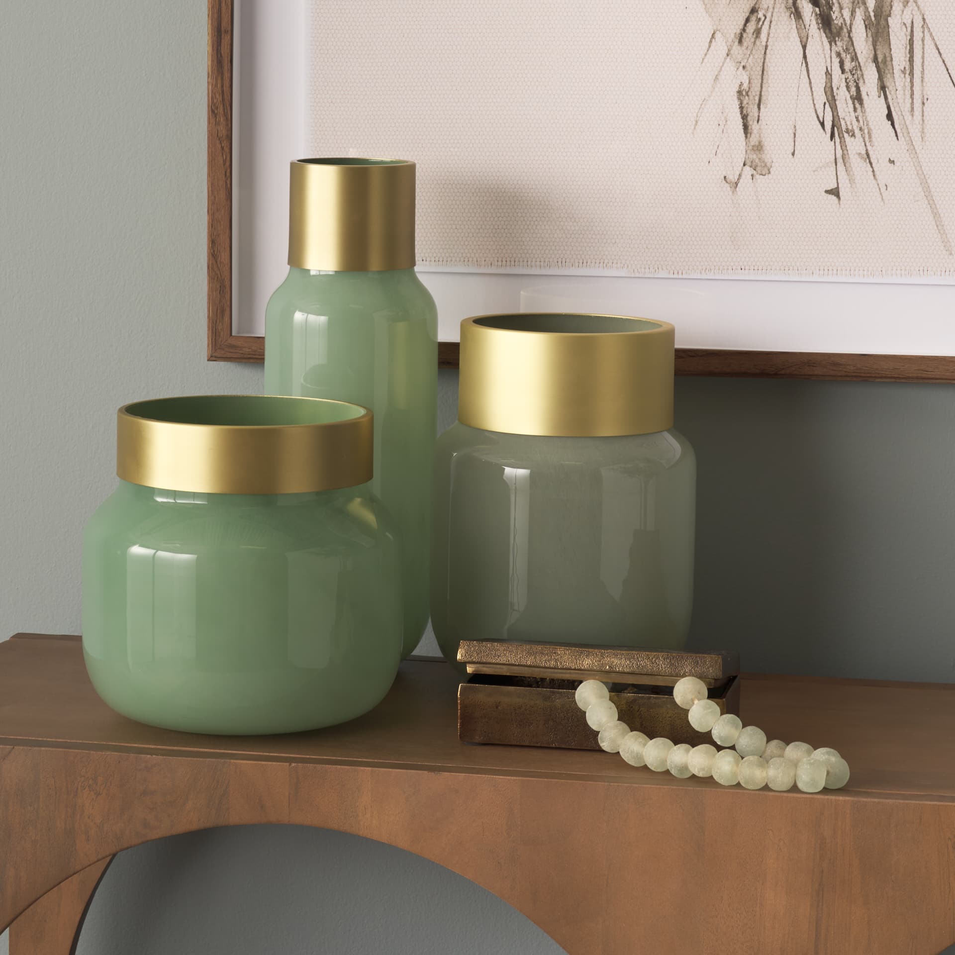 Minty Medium 8.7L x 8.7W x 12.4H Green Glass Vase W/Matte Gold Metal Neck Cuff — product photograph