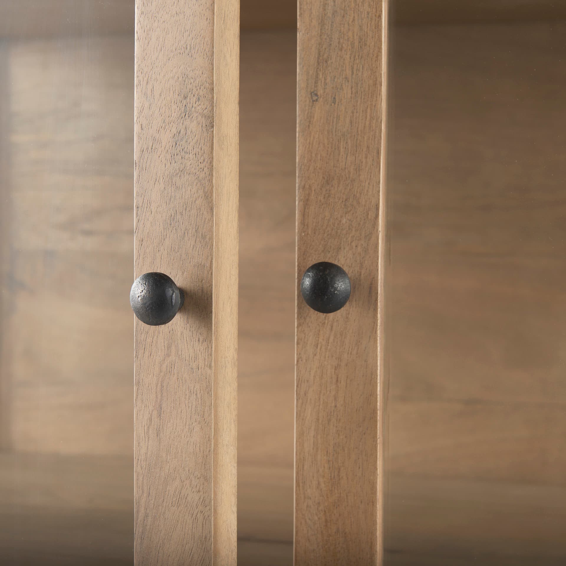Arelius 36L x 18.75W x 63H Light Brown Wood W/ Black Metal Base Display Cabinet — product photograph