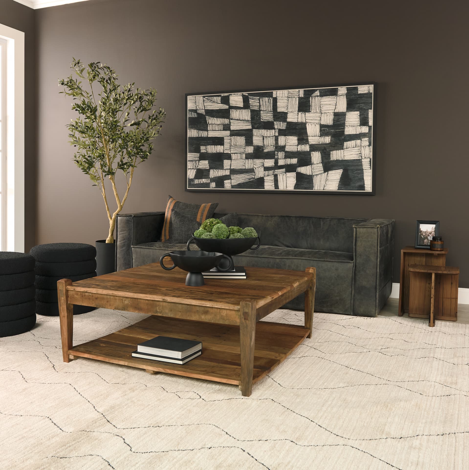 Ashwick Dark Brown Reclaimed Wood Square Coffee Table — in a styled room