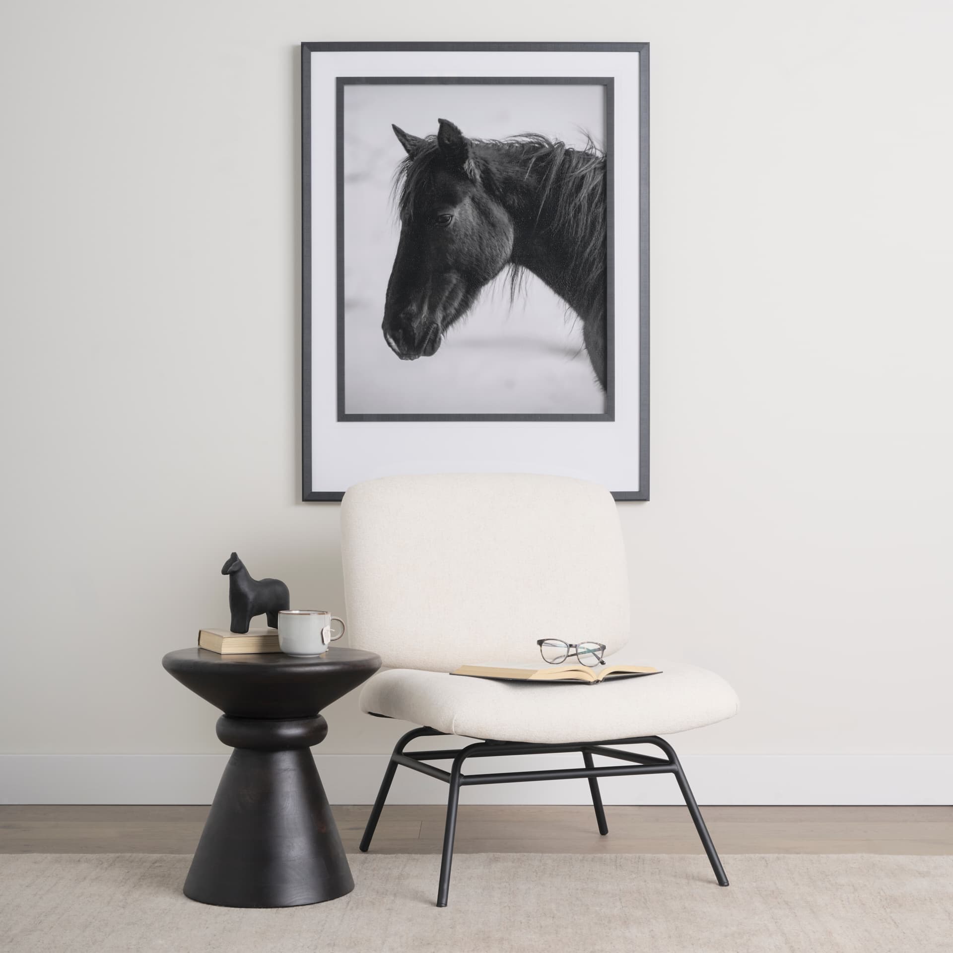 Nora Cream Fabric w/ Matte Black Metal Legs Accent Chair — in a styled room