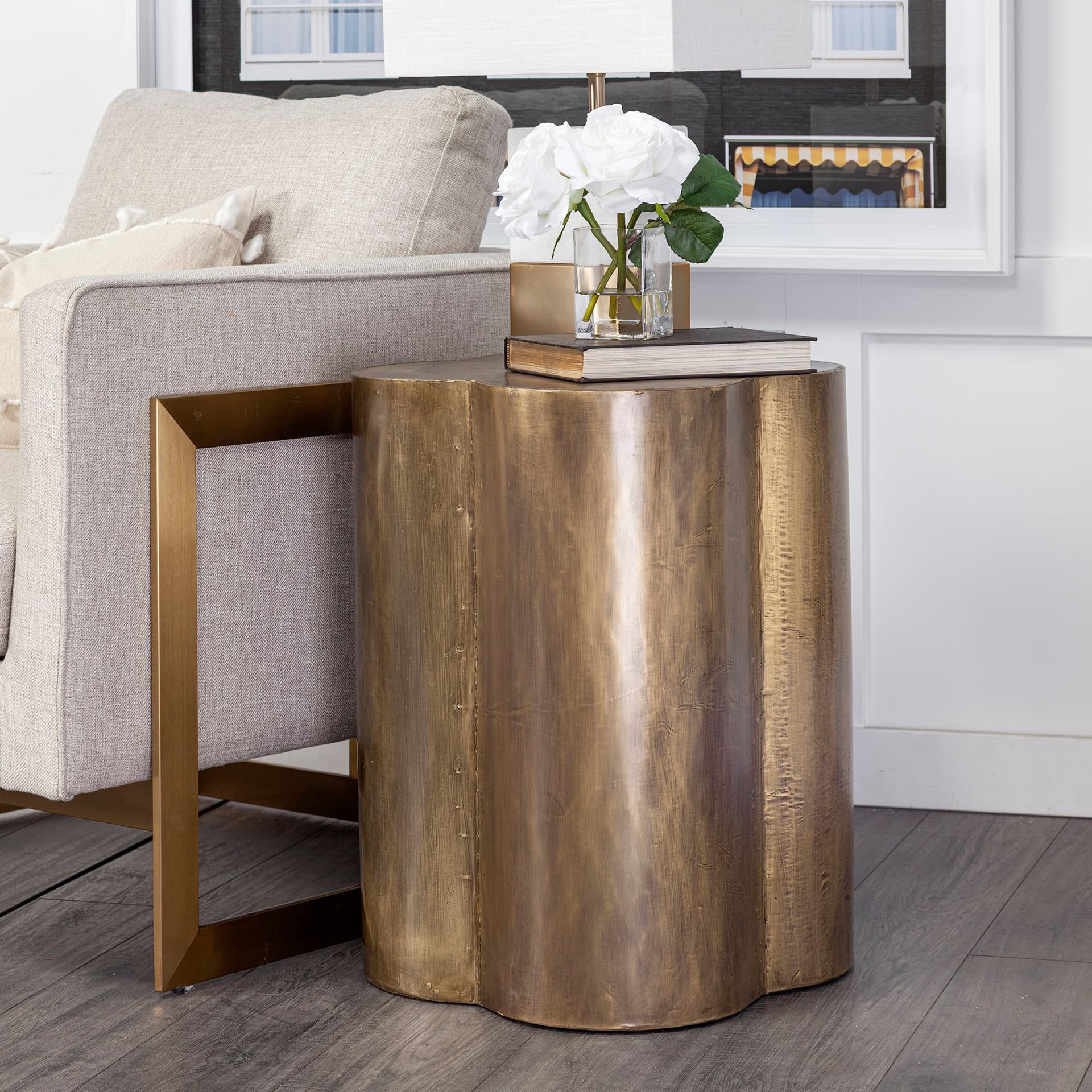 Quatrefoil 18L x 18W Gold Flower W/ Wooden Top Brass Cladding Accent Table — product photograph