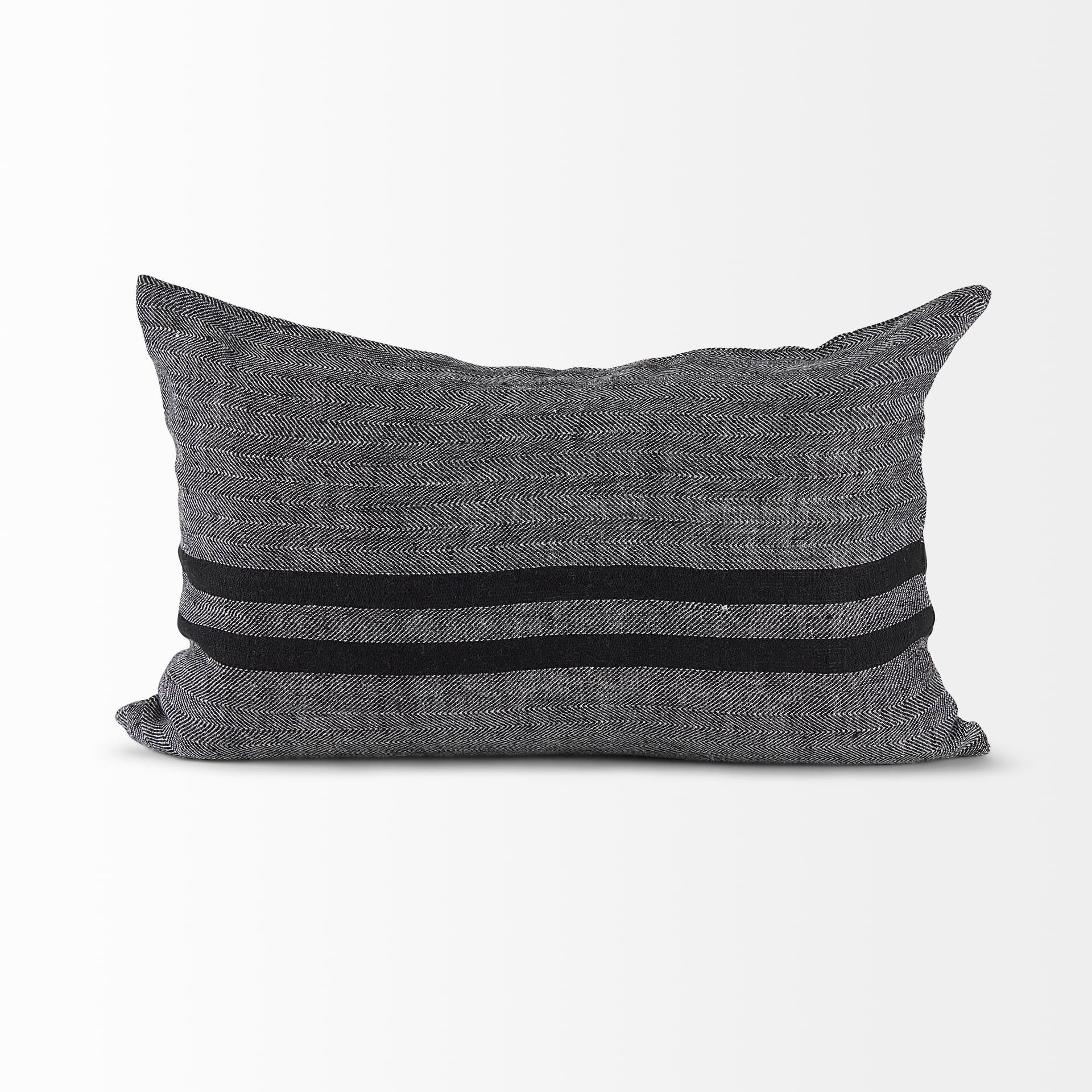 Sibyl 13x21 Black Fabric Striped and White Fringed Pillow Cover w/Down Filler — product photograph