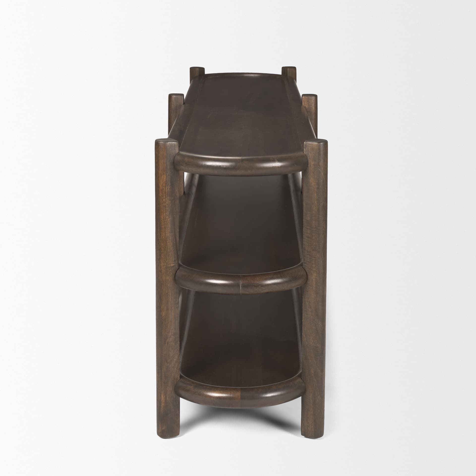Romi Dark Brown Wood w/ 3 Shelves Oval Console Table — product photograph