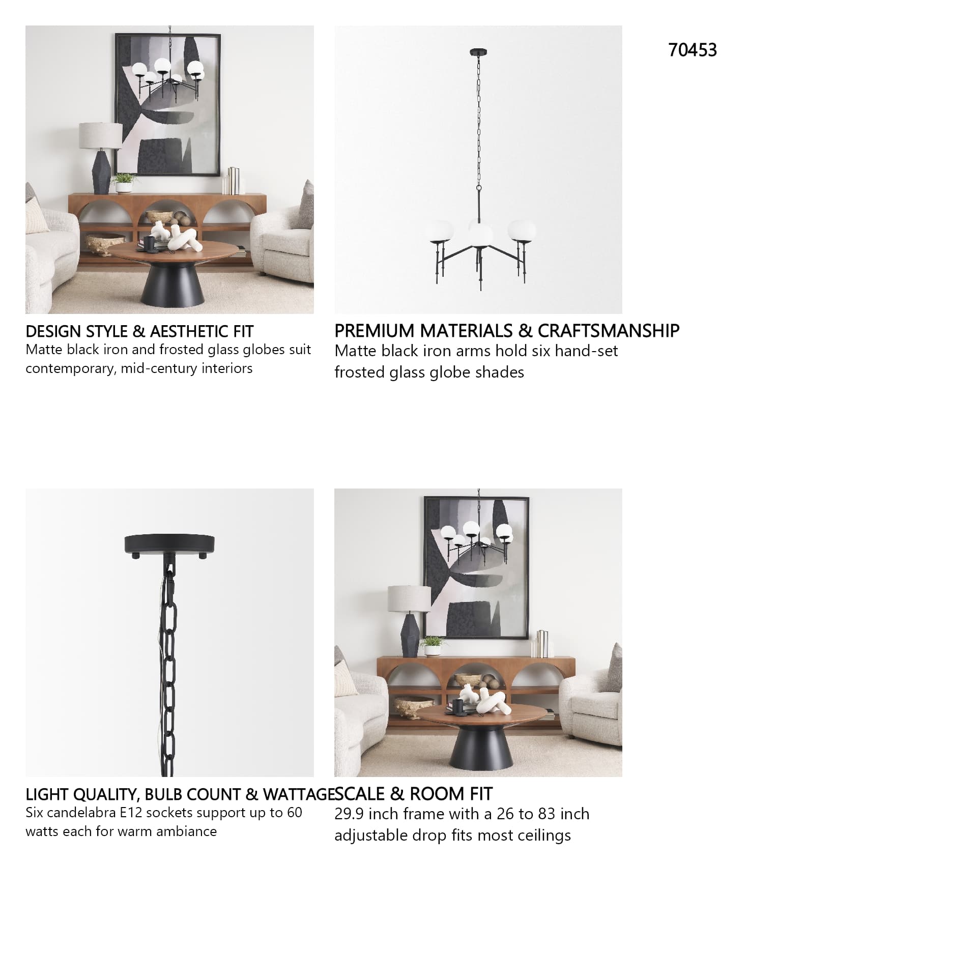 Edie Matte Black Metal w/ Frosted Glass Globes 6-Light Chandelier — in a styled room