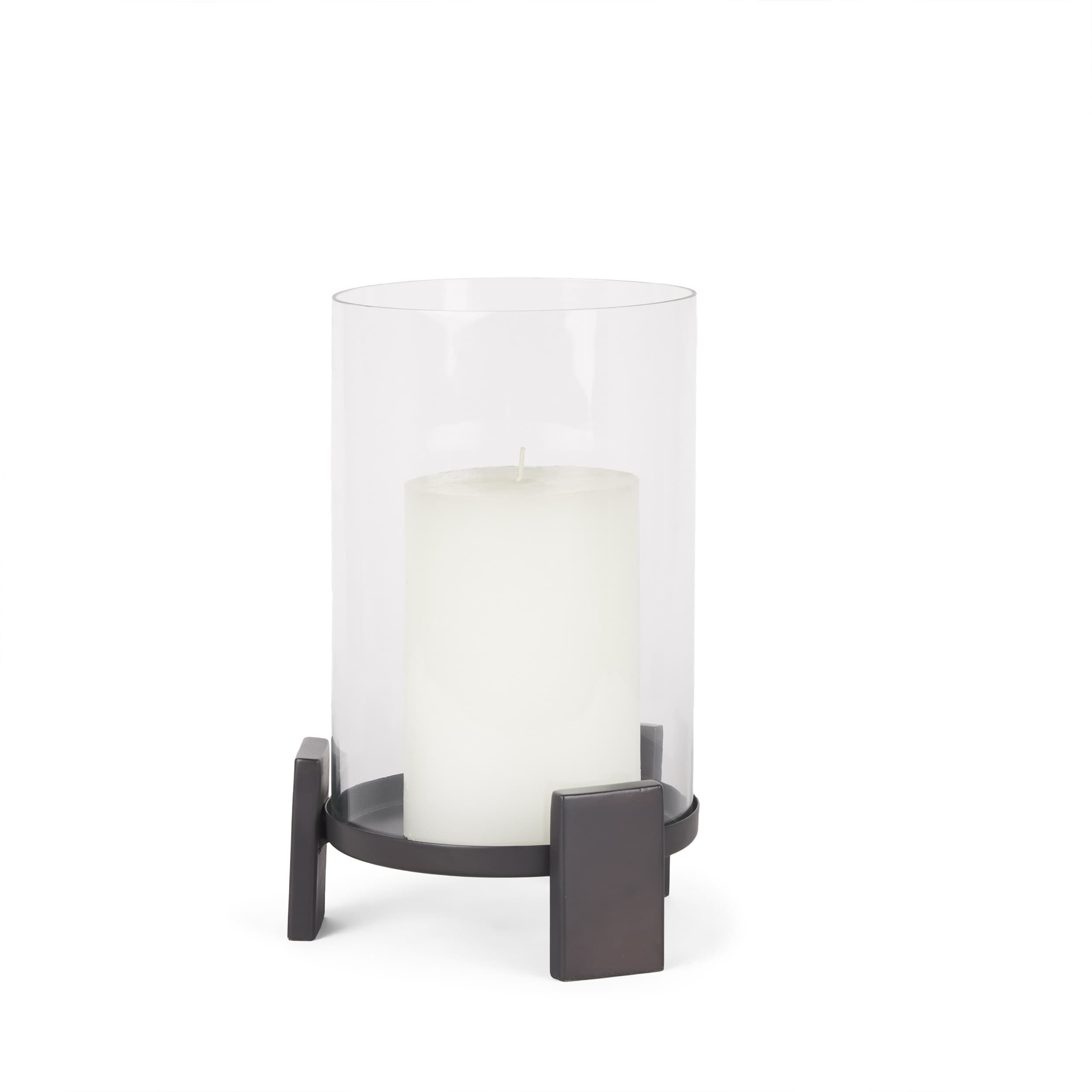 Price Small Matte Black-Brown Metal w/ Glass Hurricane Candle Holder — product photograph