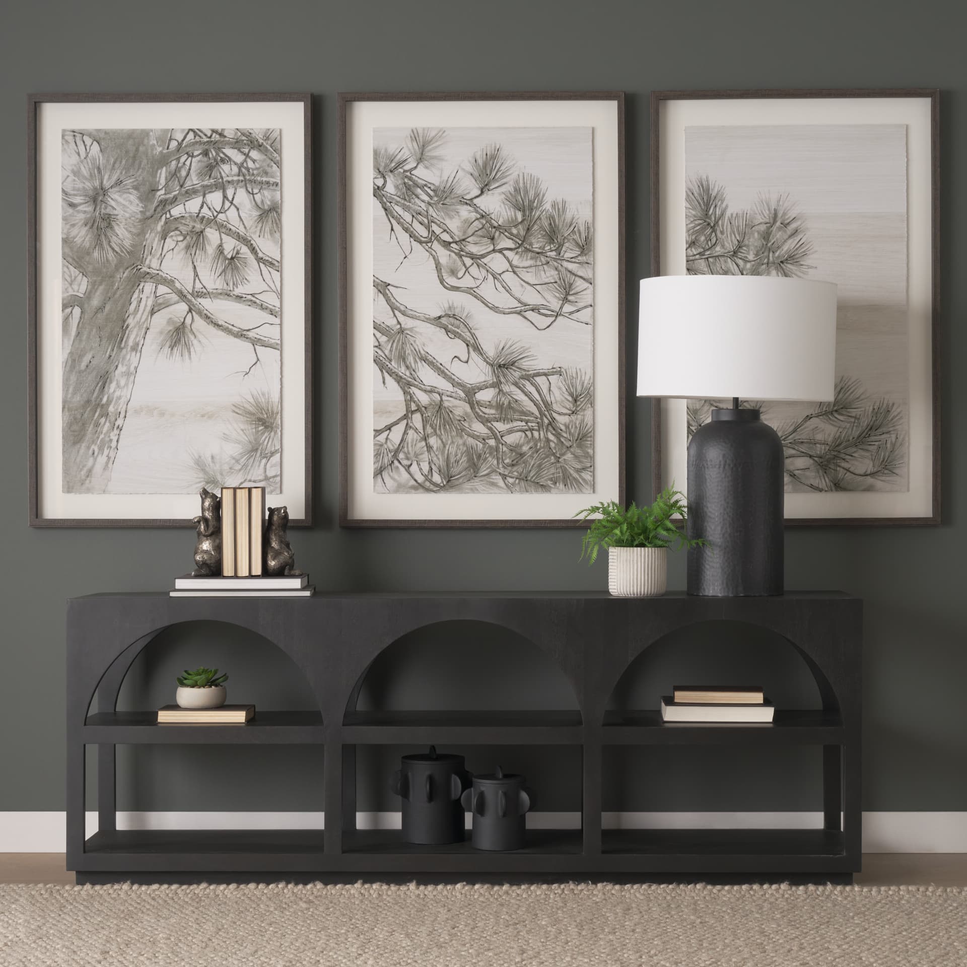 Bela 80" Matte Black Wood Arched Console Table — in a styled room