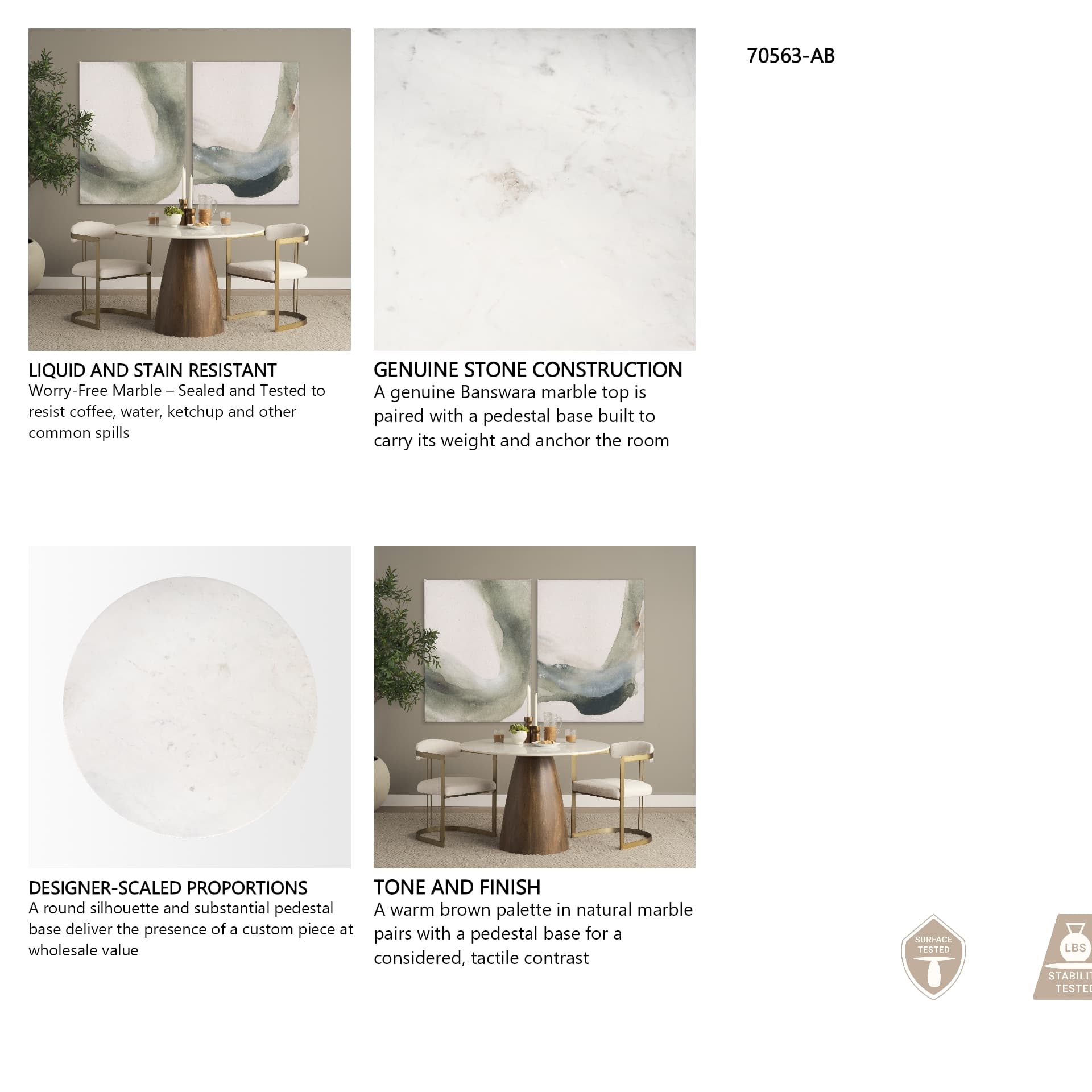 Allyson 42" Round Pedestal Dining Table | Banswara White Marble & Brown Wood | Seats 4 — in a styled room
